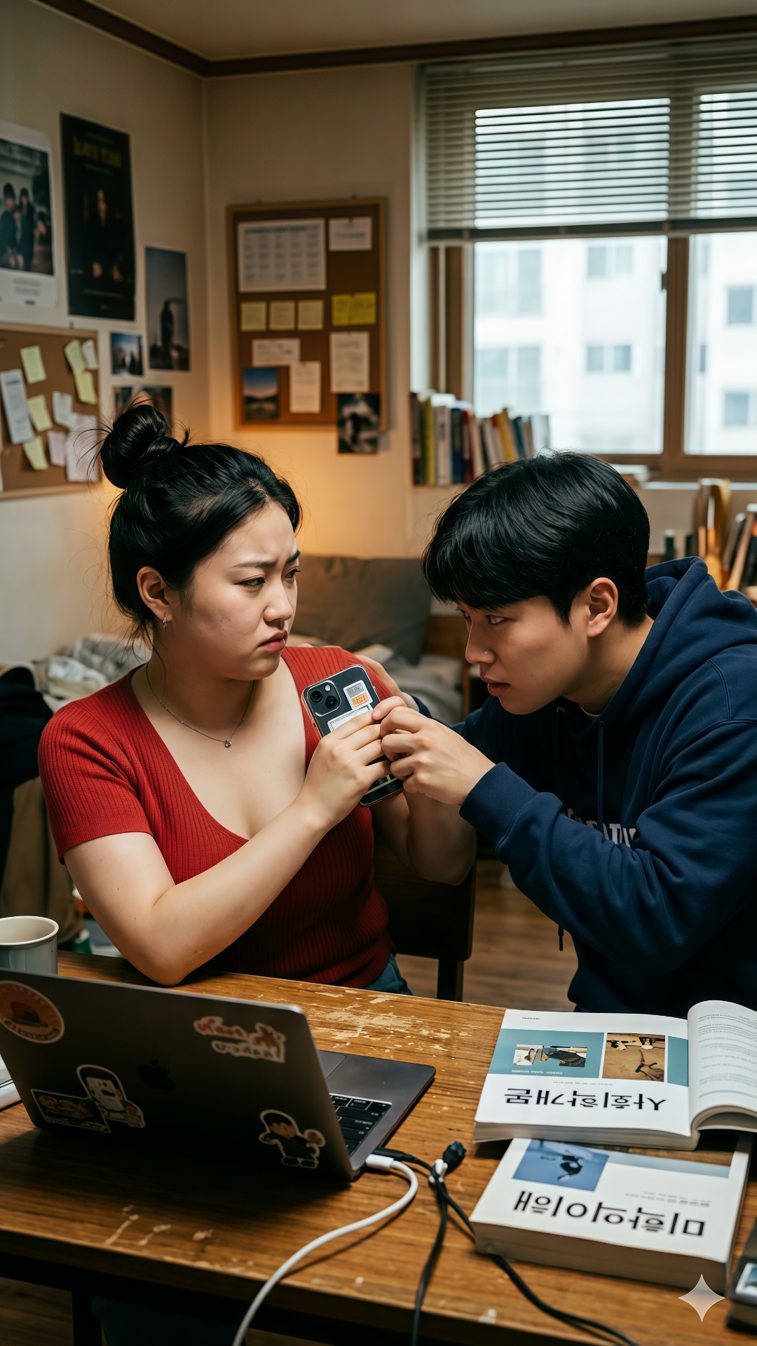 A Korean man says in Korean "핸드폰 좀 보자" 

A woman replies irritably "뜬금없이 왜그래?"