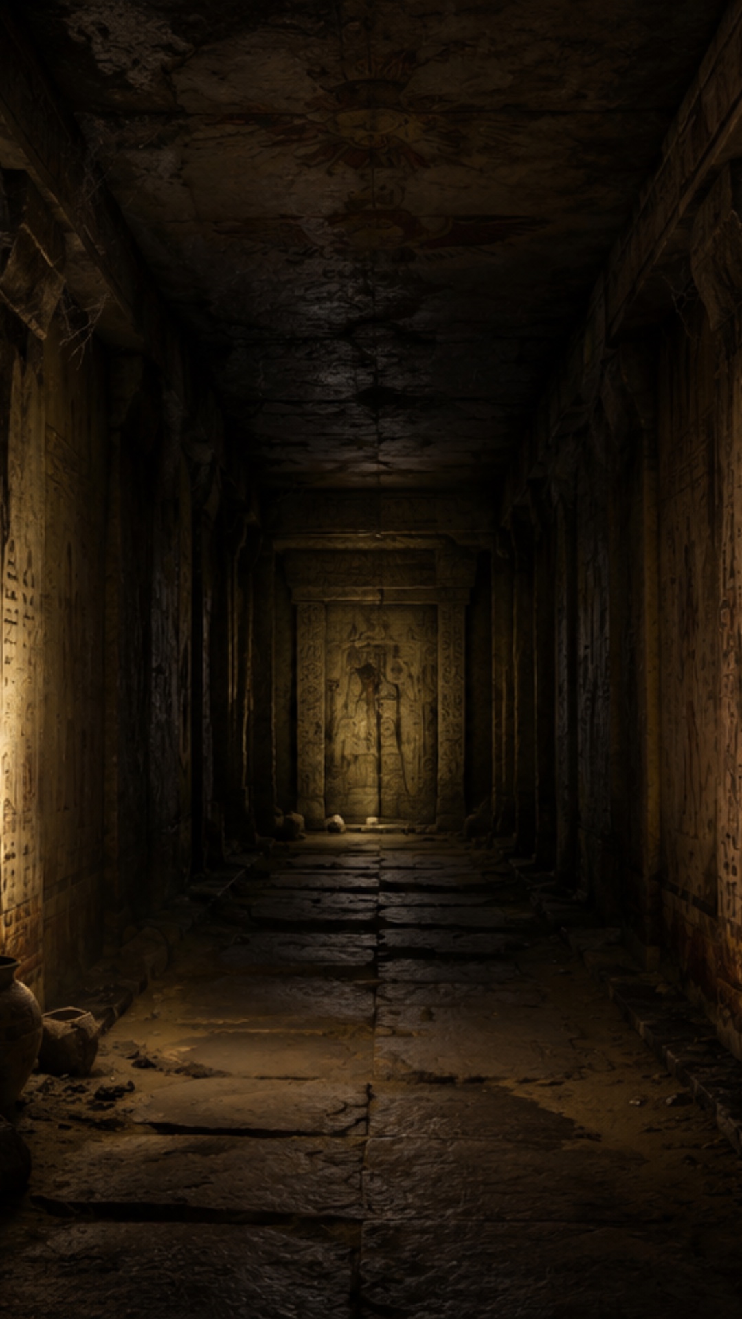 A dimly lit, narrow corridor leading deep into a forgotten, sealed tomb