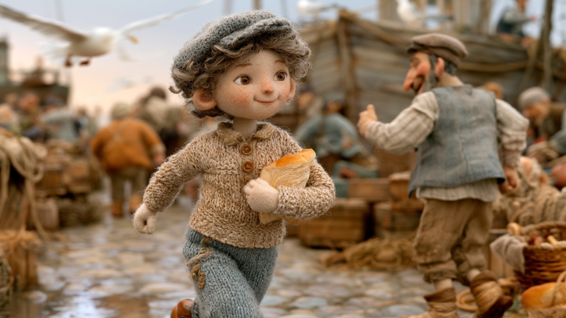 The boy runs naturally through the busy harbor holding the loaf securely against his chest with o...