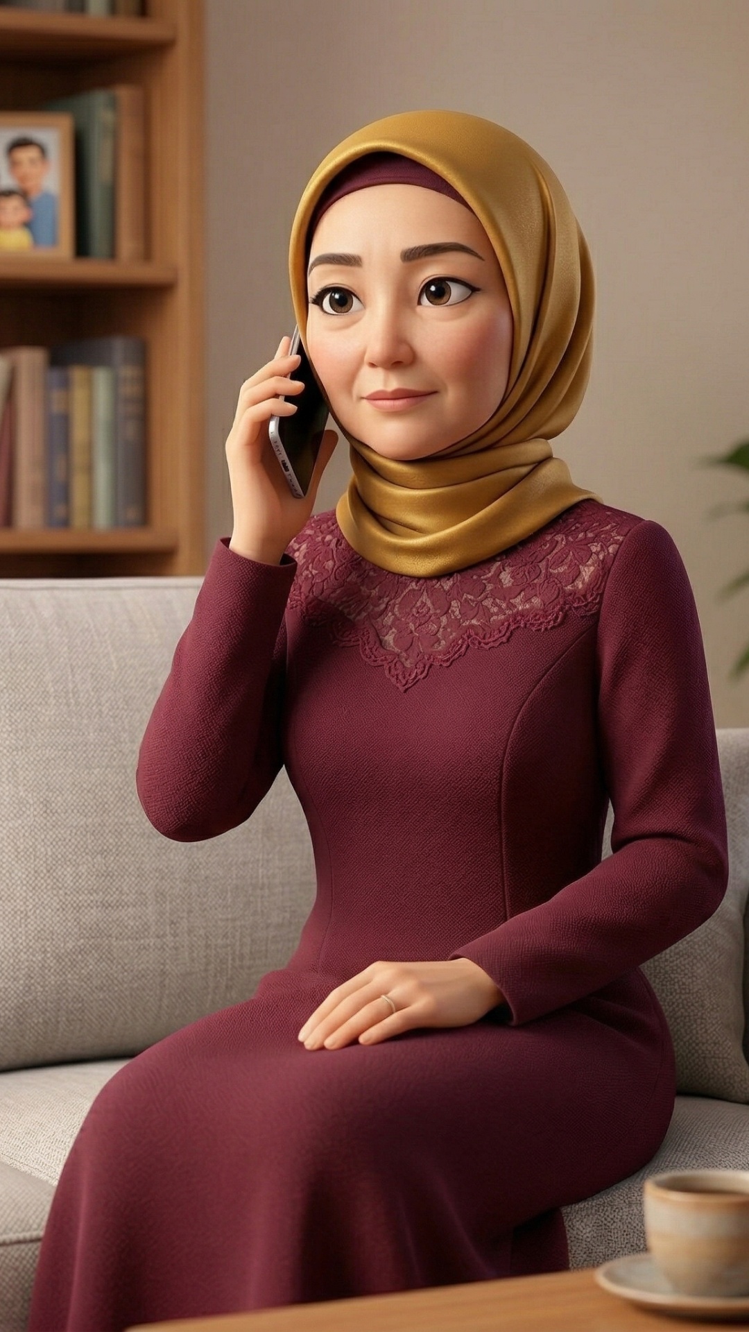 Create a 3D Pixar-inspired animated cinematic scene inside a cozy home interior. Scene setup:
A m...