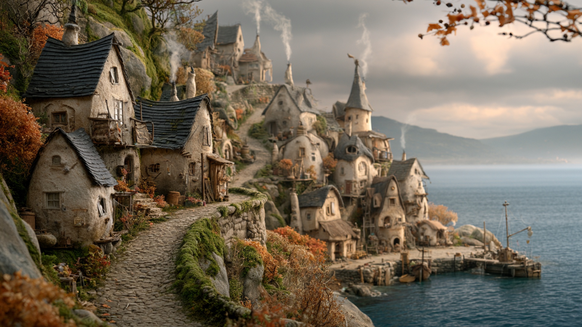 Gentle cinematic pull-back revealing more of the hillside village and harbor. Smoke rises from th...