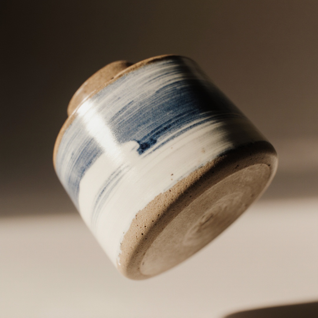 Cinematic product video of a hand-painted ceramic piece. The object is presented in slow motion, ...