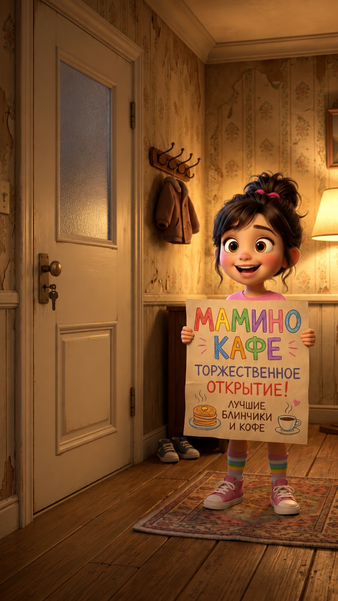 Static camera. The girl stands in the hallway holding the paper sign. The apartment door remains ...