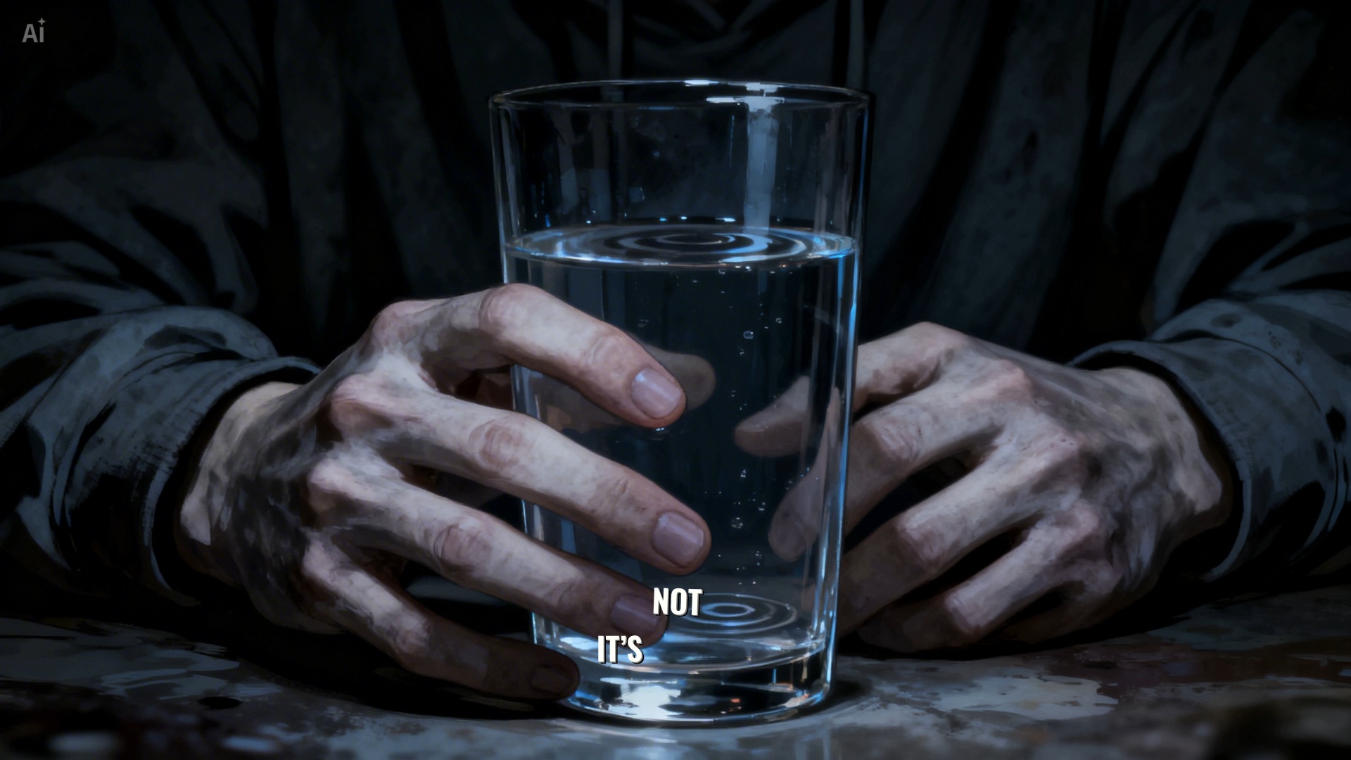 A dark cinematic horror sequence with an extremely slow, smooth camera zoom-in toward a glass of ...