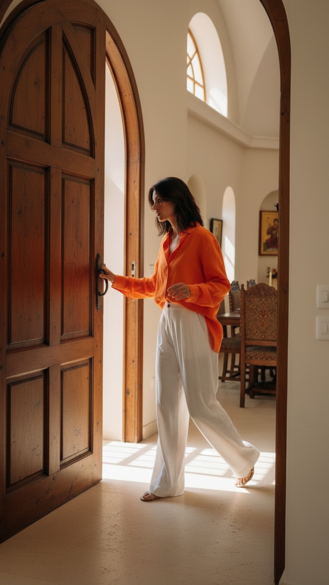 she comes to the door, bell is ringing