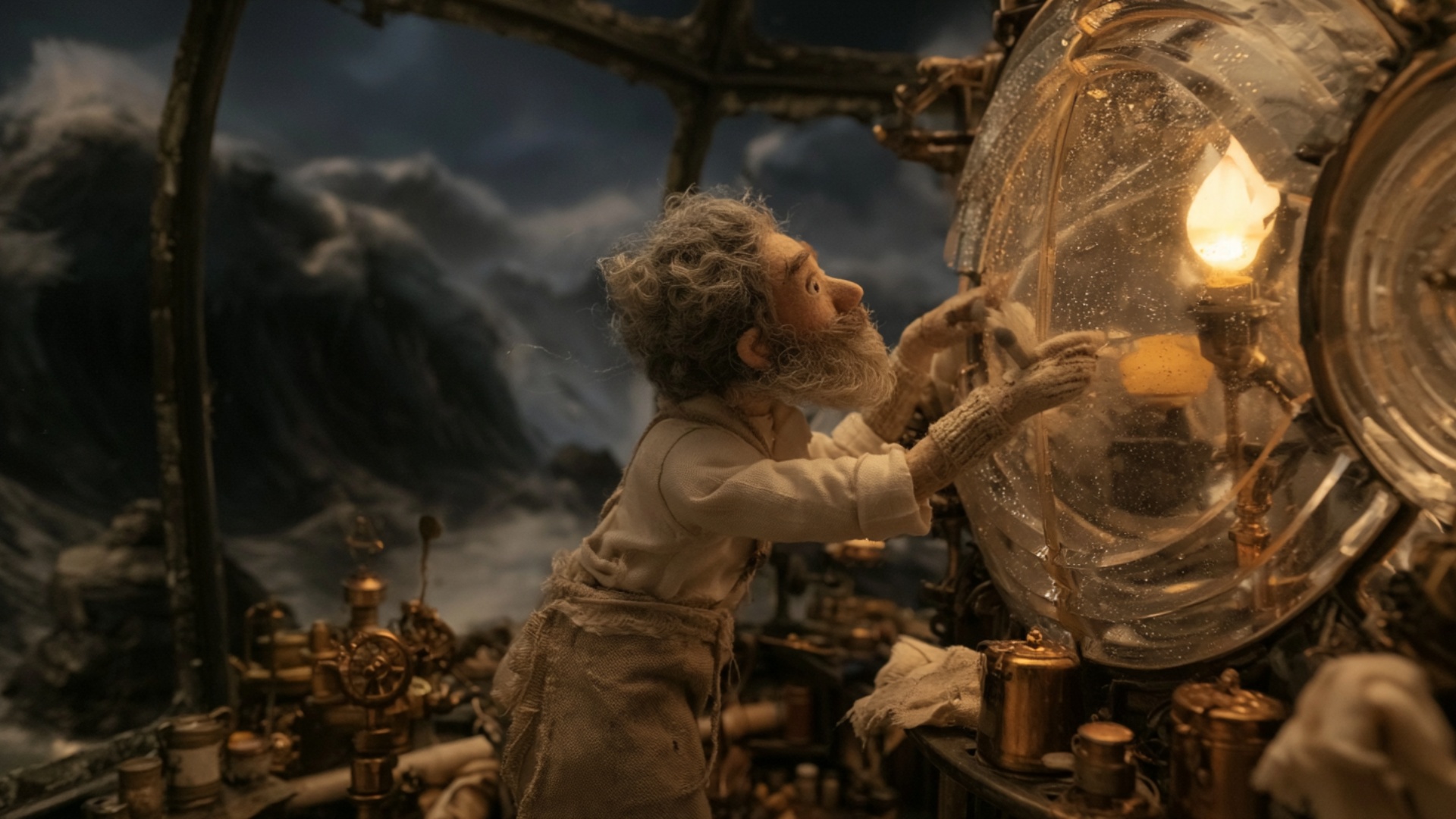 The lighthouse keeper slowly wipes the existing large glass lens with the cloth already in his ha...
