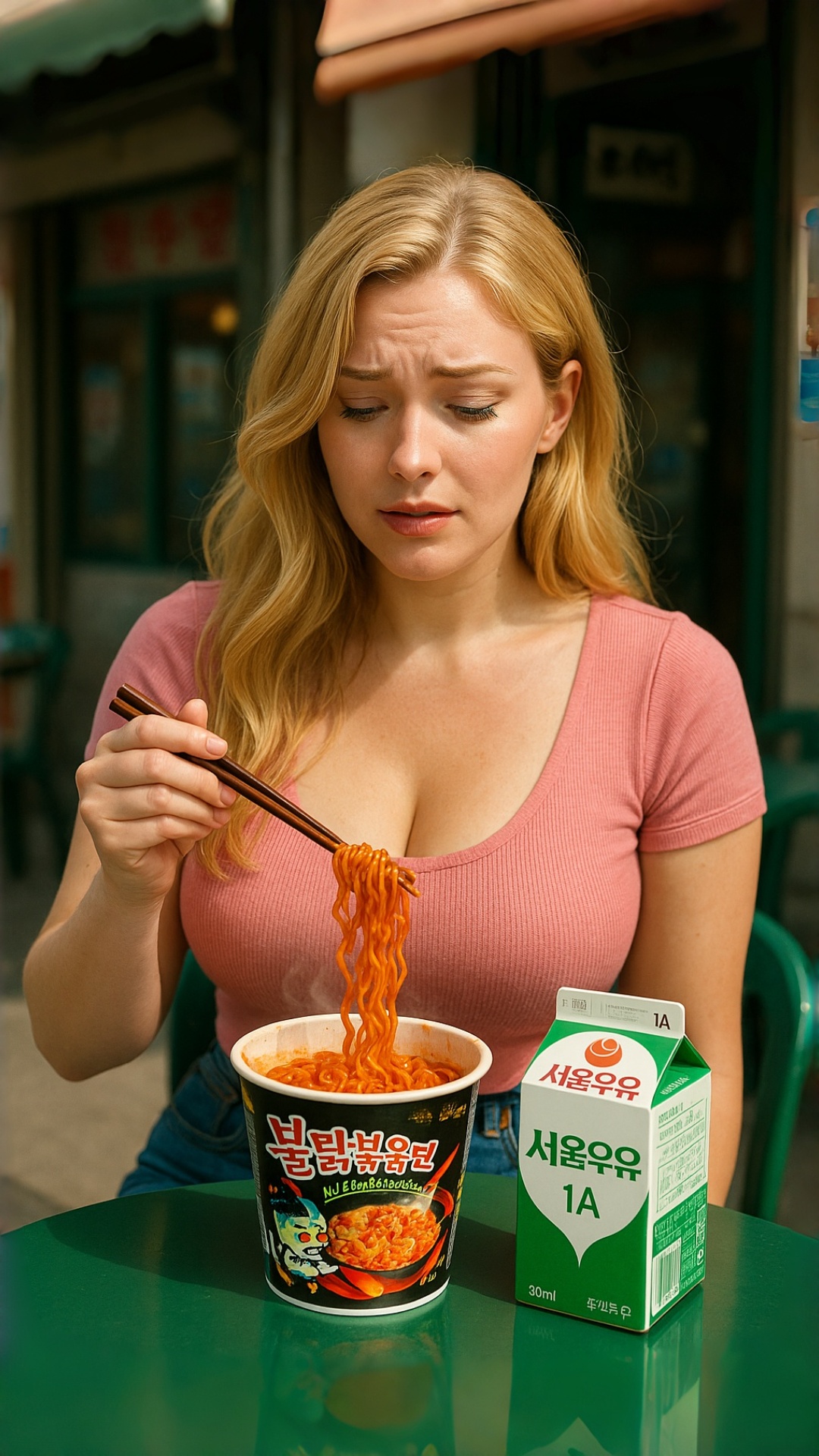 🎬 English Prompt for Veo3 (8 sec video):
A beautiful blonde woman with a curvy body is sitting at...