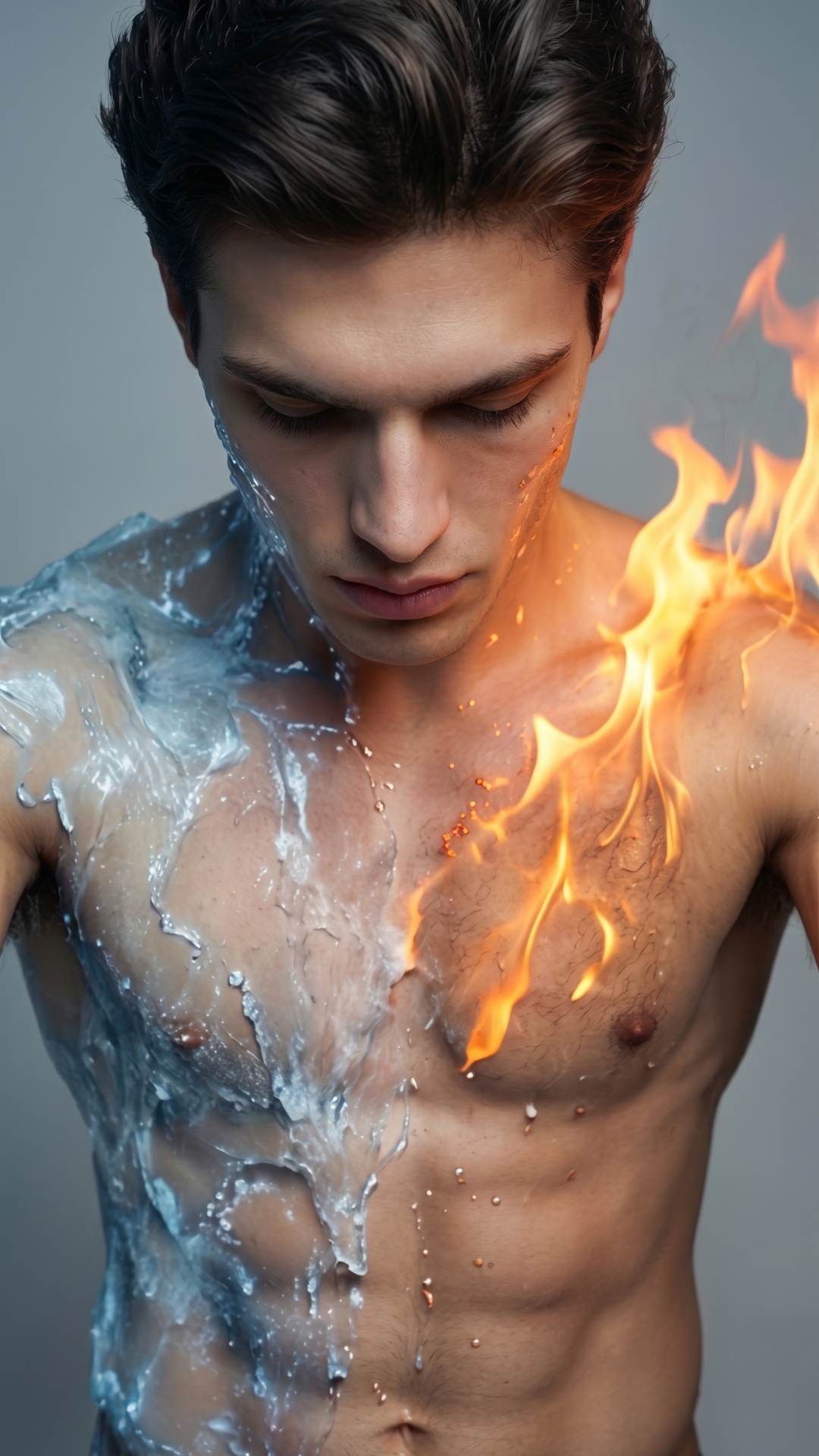 Medium shot, front view. The man crosses his arms over his bare chest. His right side is drenched...
