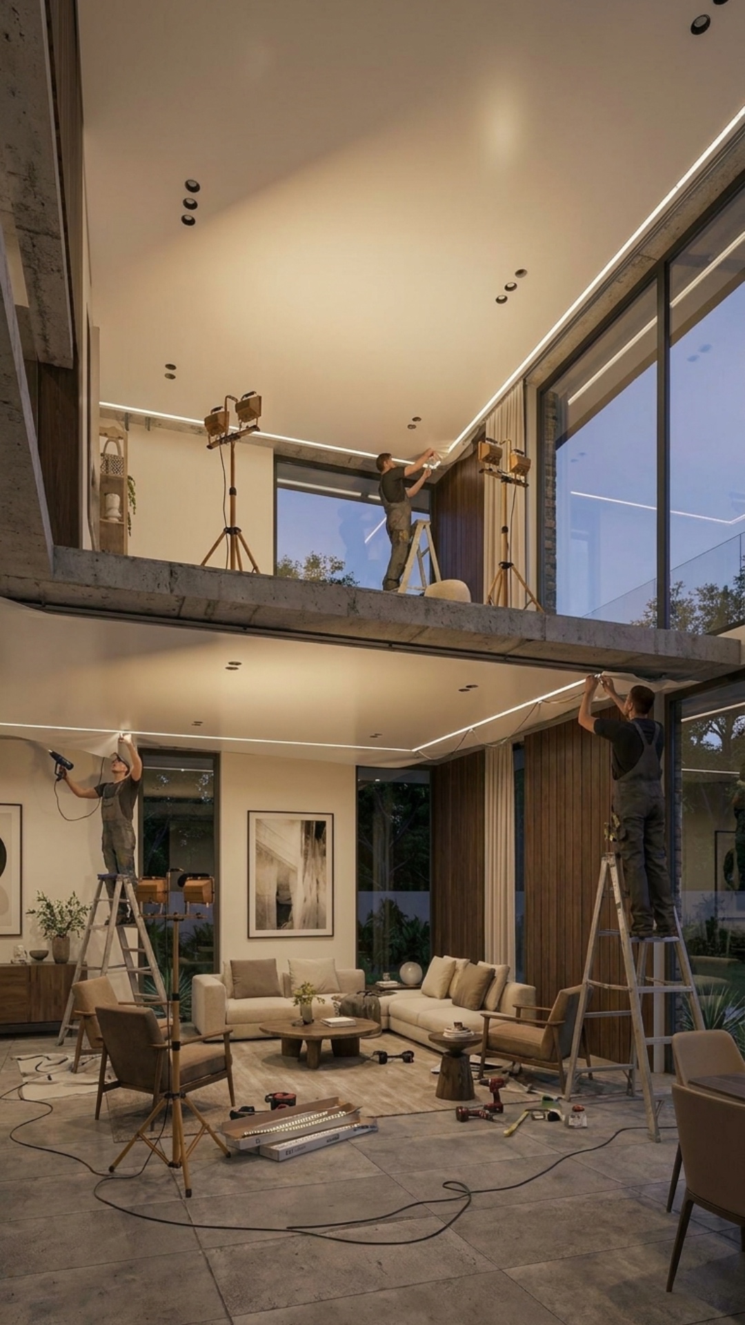 Smooth cinematic transformation inside the same modern luxury living room from an active stretch ...