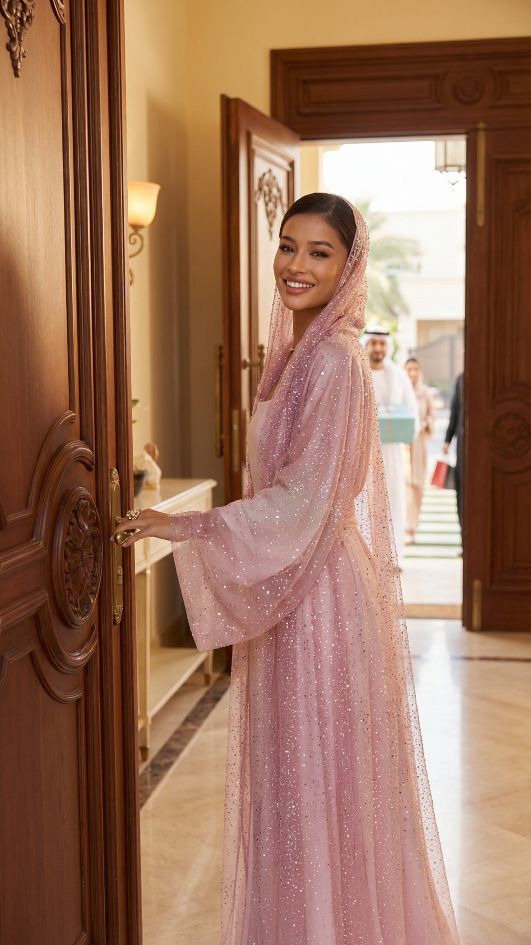 she goes to the door to meet her mom and dad
