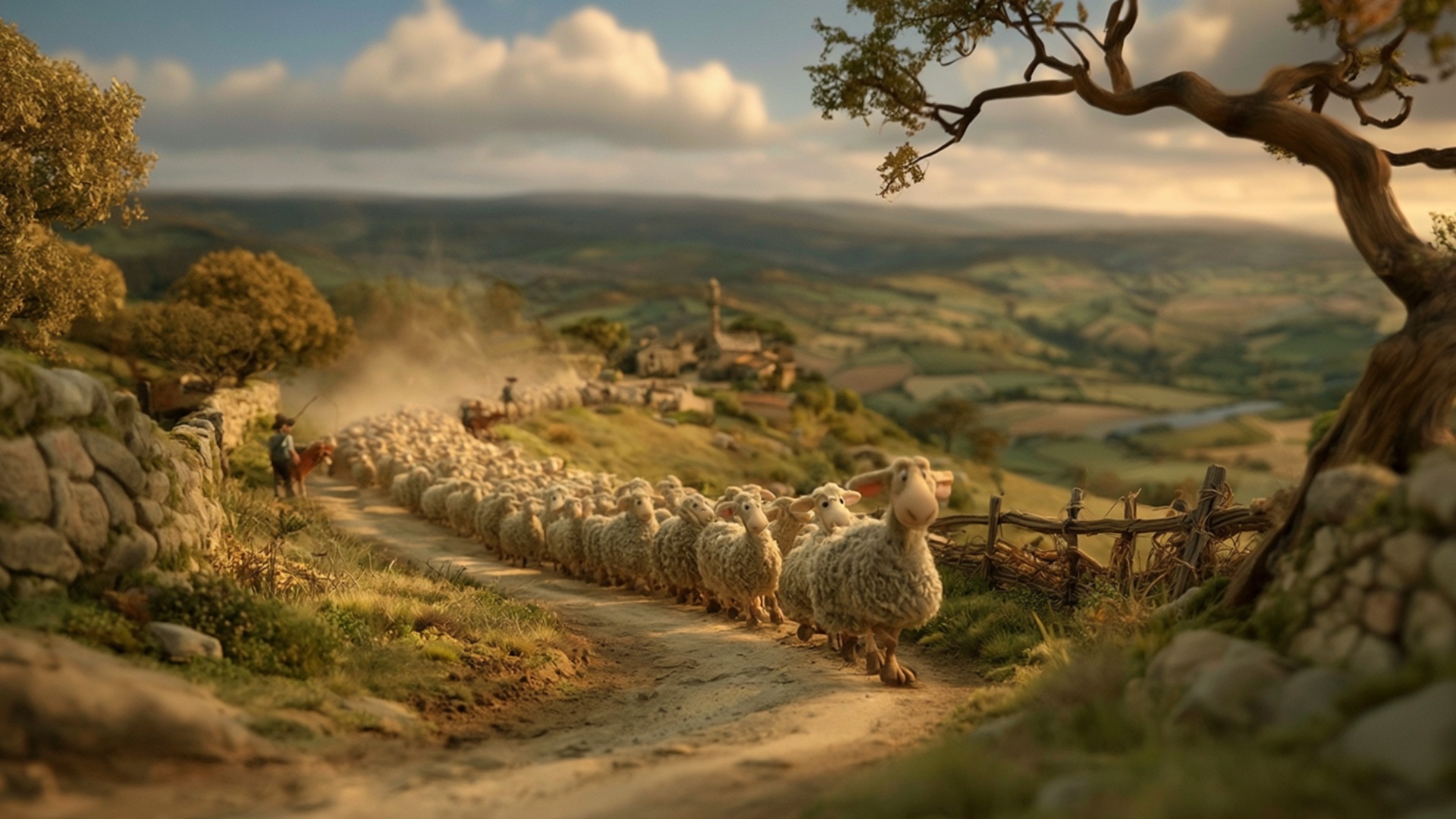 The entire sheep line advances continuously along the winding road, moving diagonally from the ba...