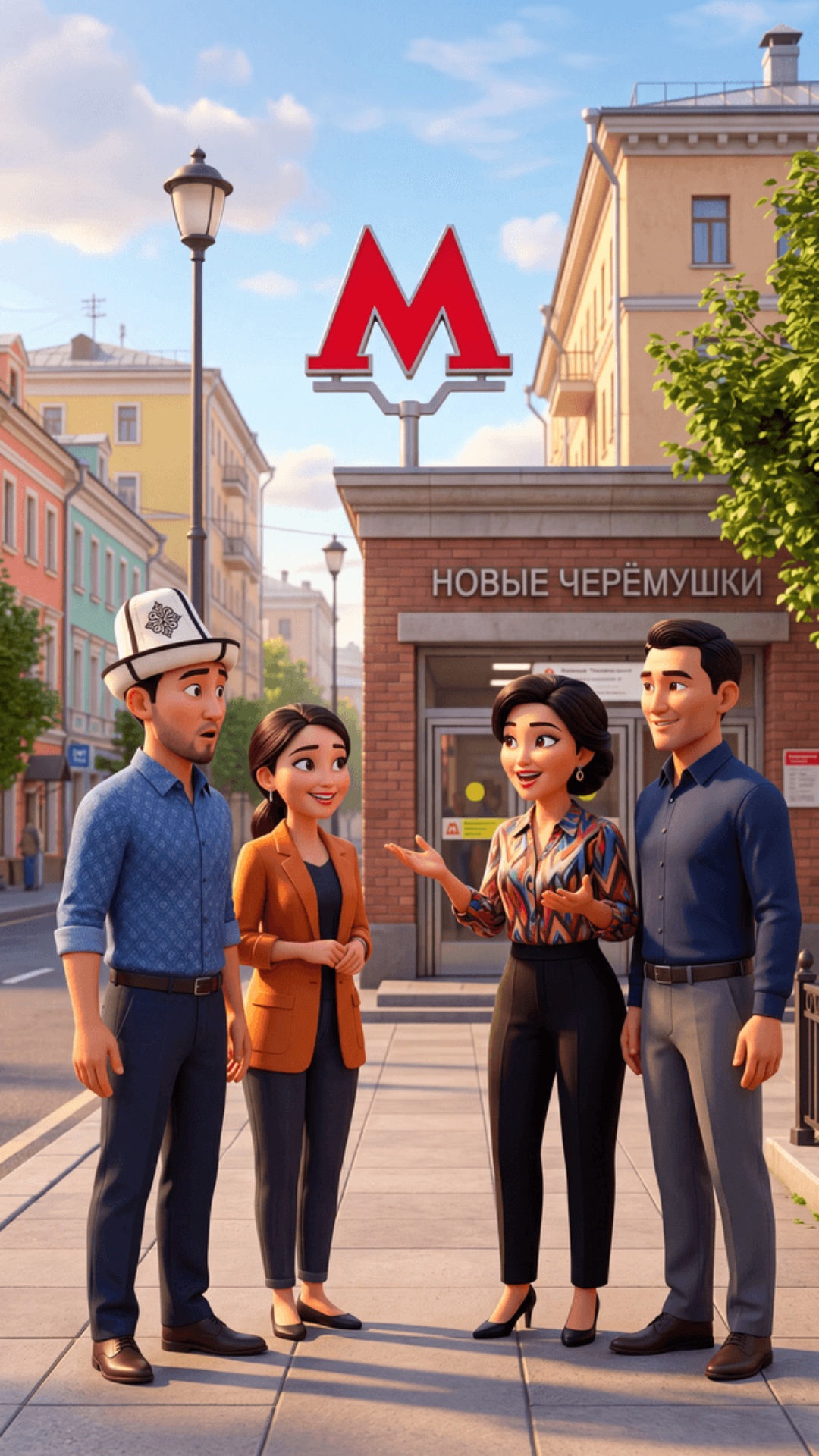 Pixar 3D animation, cinematic realism, vibrant warm colors.
Moscow street, daytime. Metro "НОВЫЕ ...