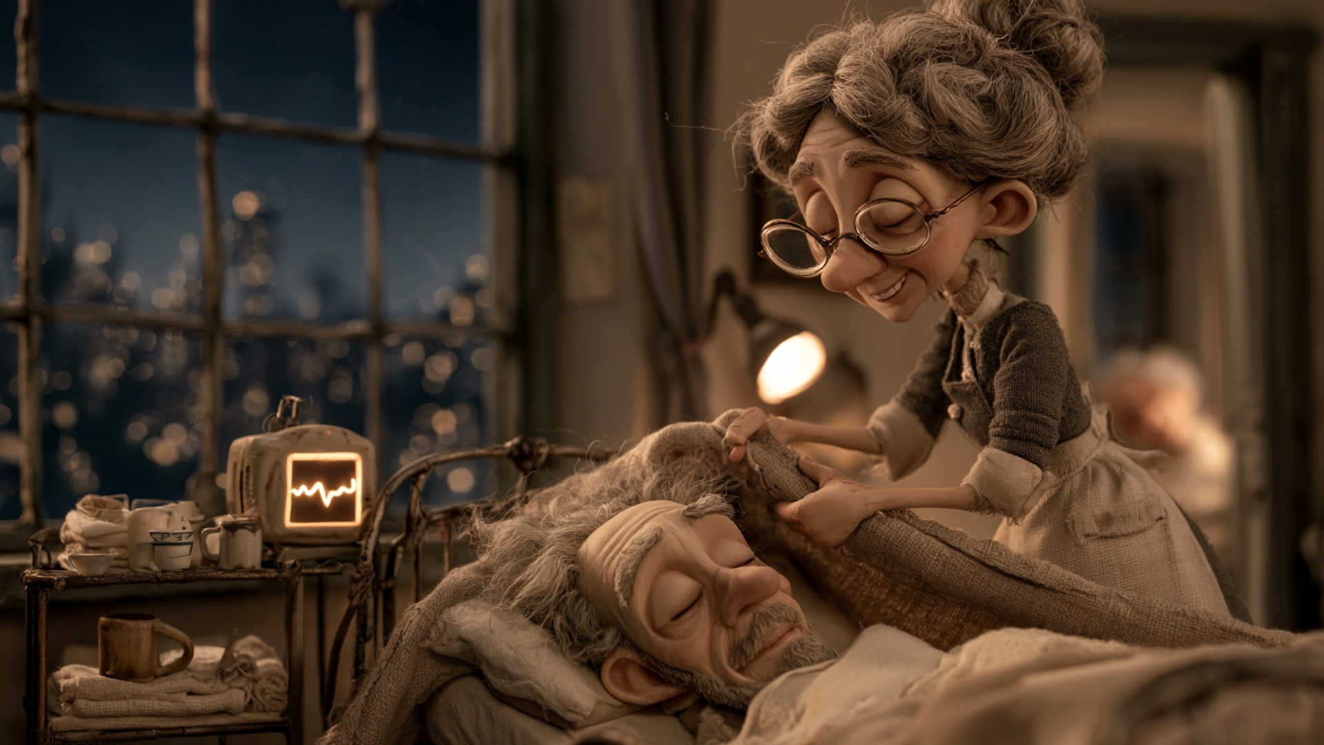 The night nurse slowly pulls the knitted blanket a little higher over the sleeping elderly man's ...