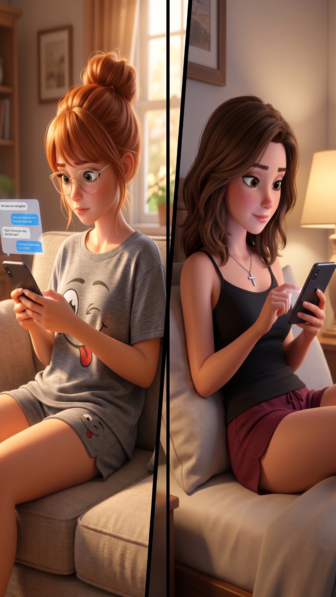 Pixar-quality 3D animation, vertical 9:16, smartphone chat interface mixed with character reactio...