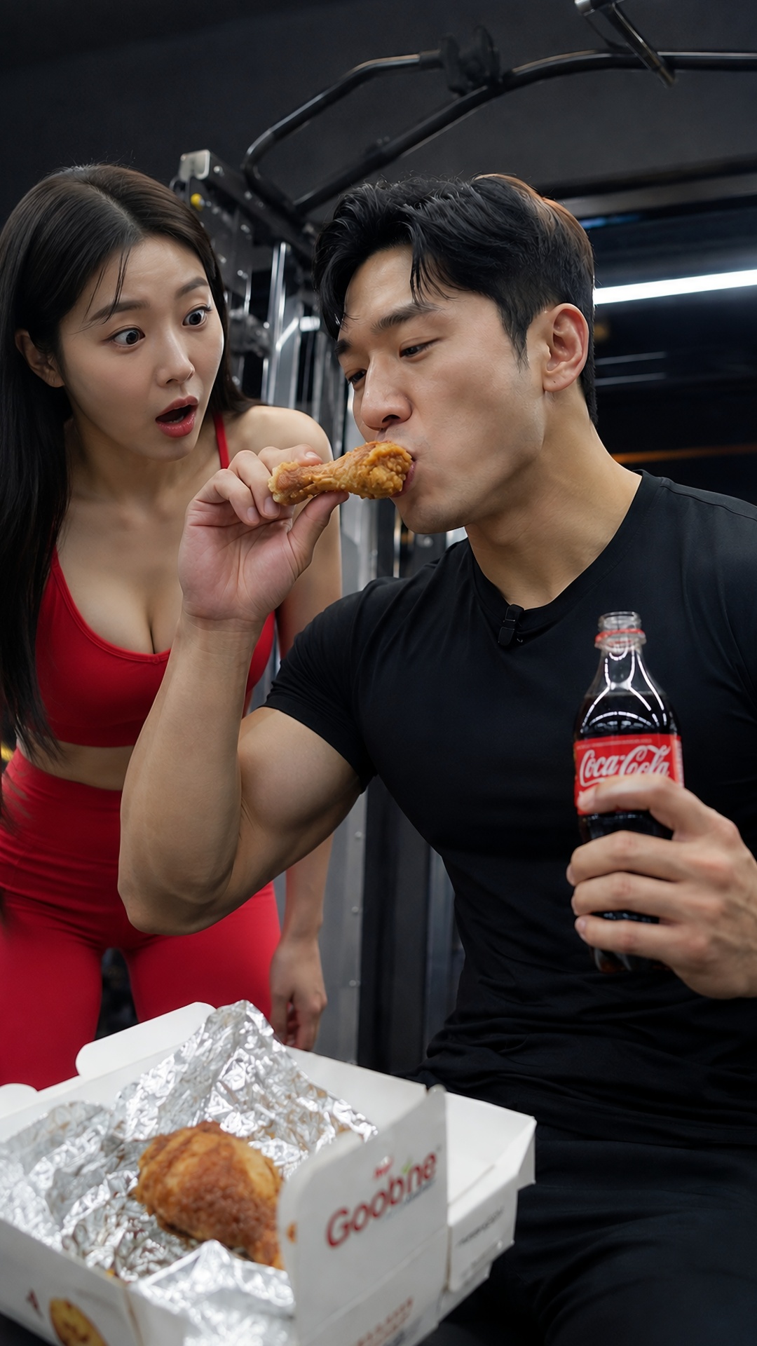 한국여자가 한국어로 놀라며 말한다 "회원님, 미 미쳤어요?? 오늘이 분수령이란 말입니다"  한국남자가 치킨을 먹다가 웃으면서 한국어로 대답한다 "에이~ 이거 단백질입니다, 살...