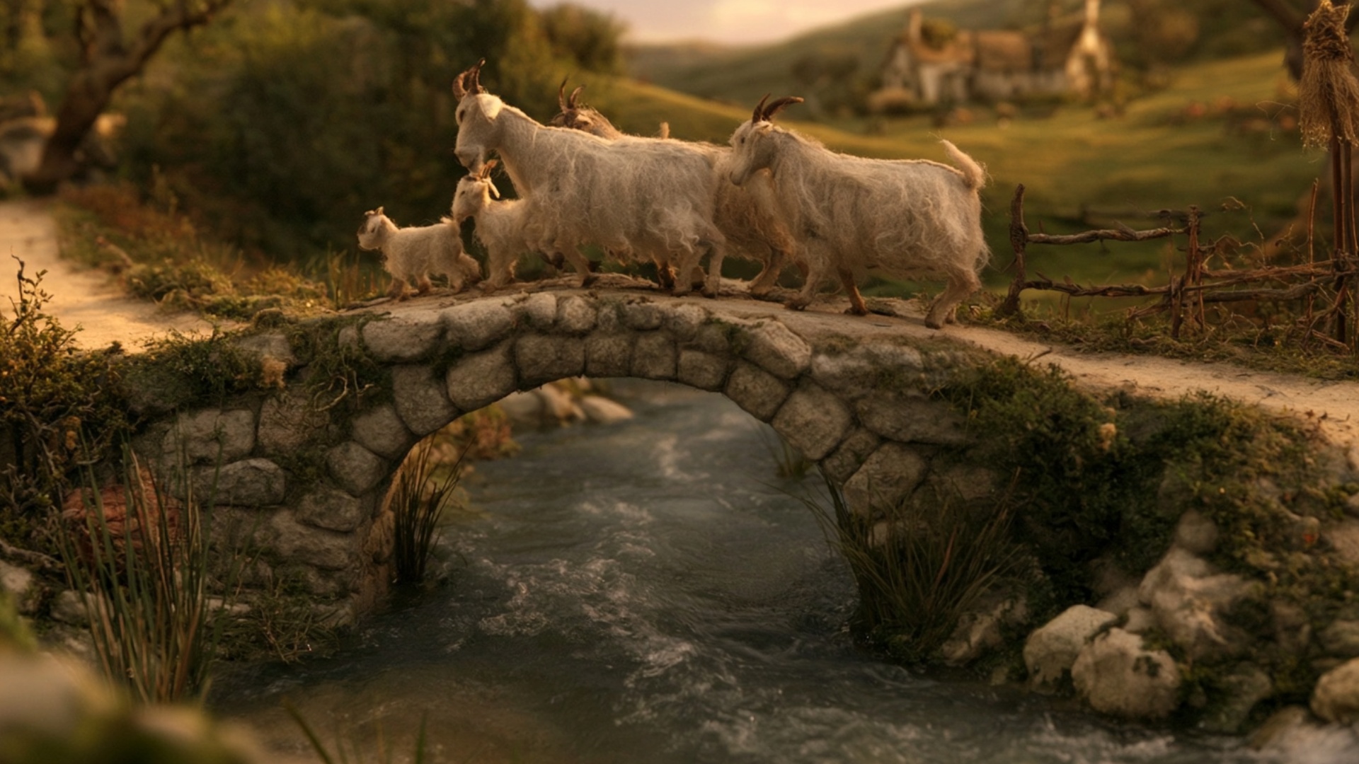 The goats continue crossing the bridge from right to left in a steady natural flow. The leading a...