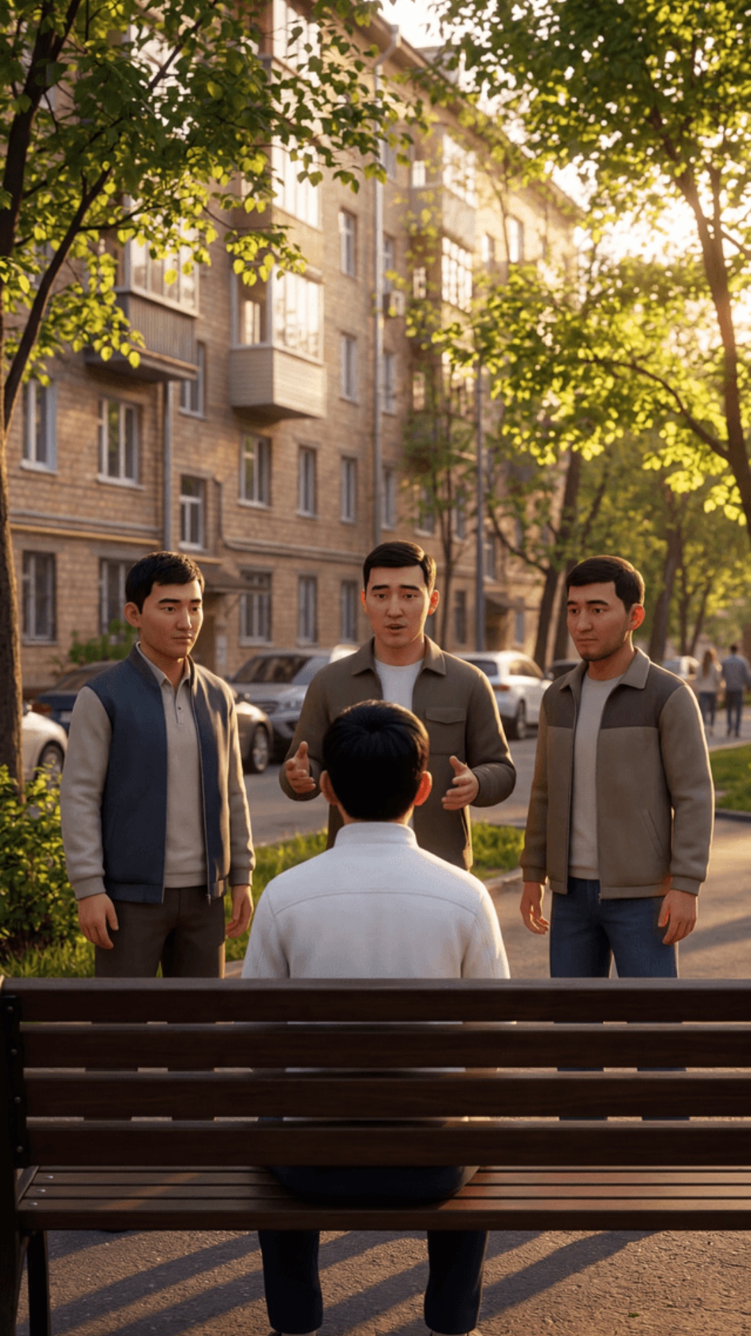 Cinematic Pixar style 3D animation, vertical 9:16.

Spring evening, Moscow, outside residential b...