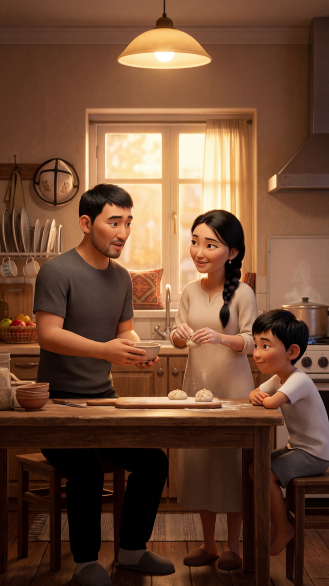SCENE 5 — Respect version (12–15s)

Background becomes warm and peaceful, father helping mother...