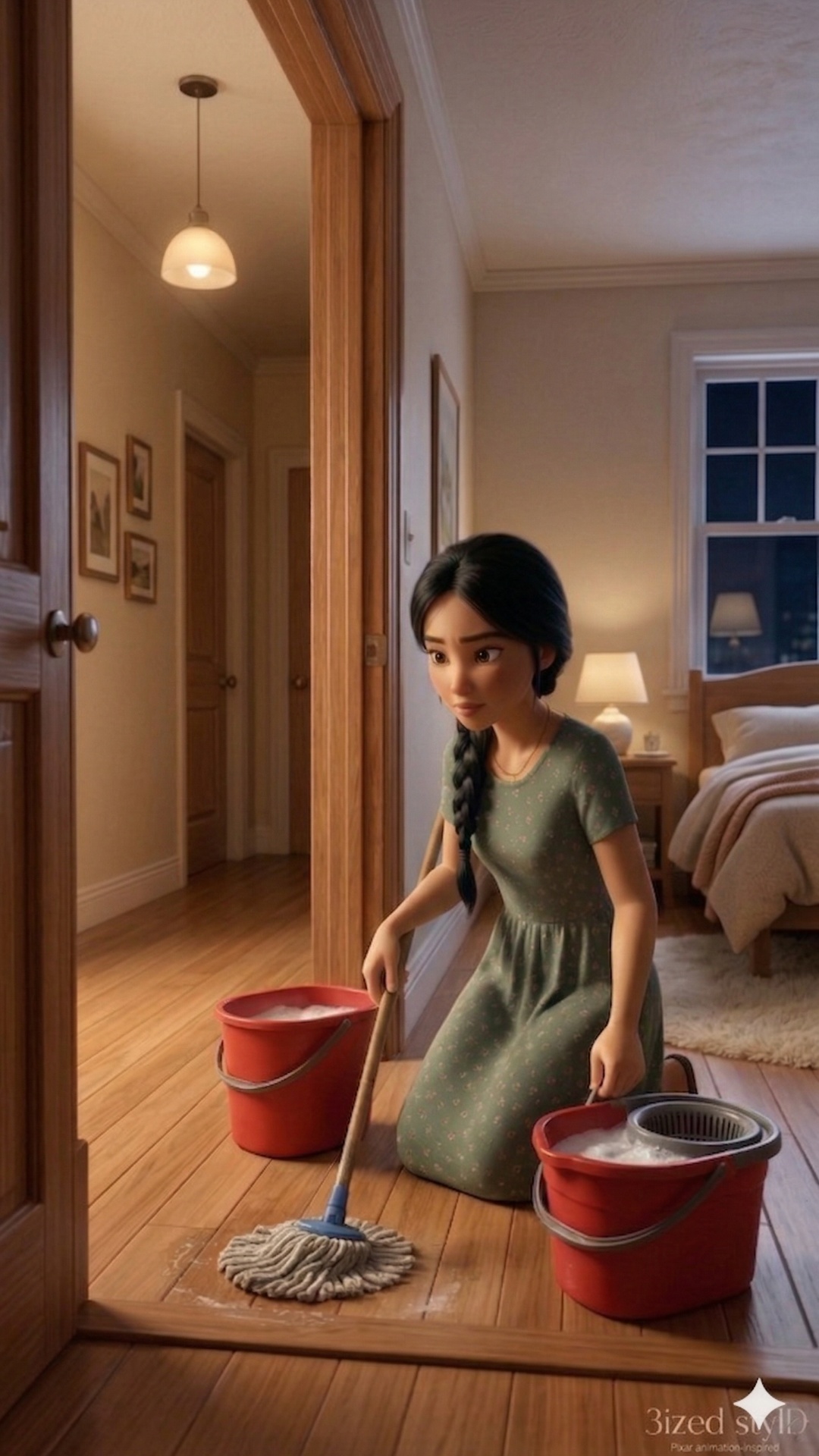 Create a realistic video scene of a young woman cleaning the floor in a cozy home interior. She i...