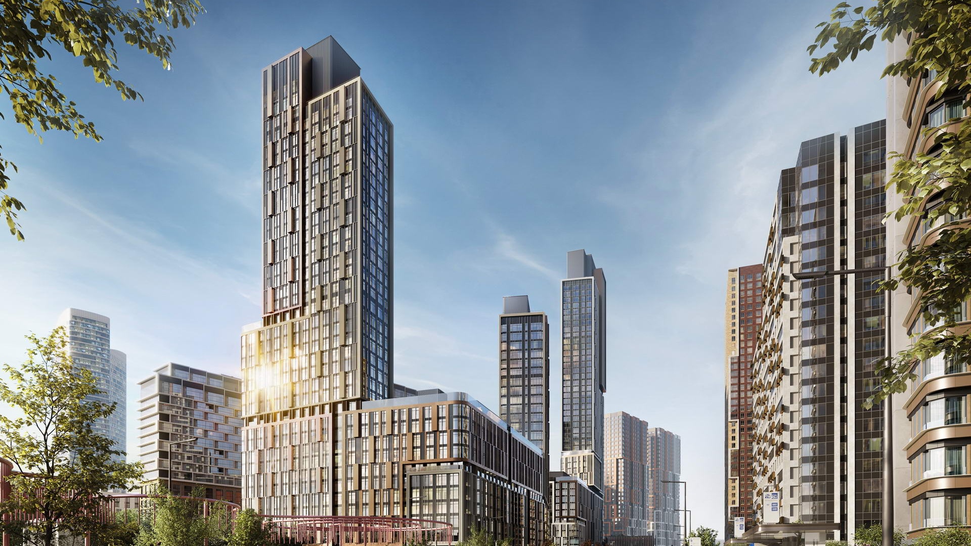Slow cinematic pull-back revealing more of the modern city street and surrounding buildings. The ...