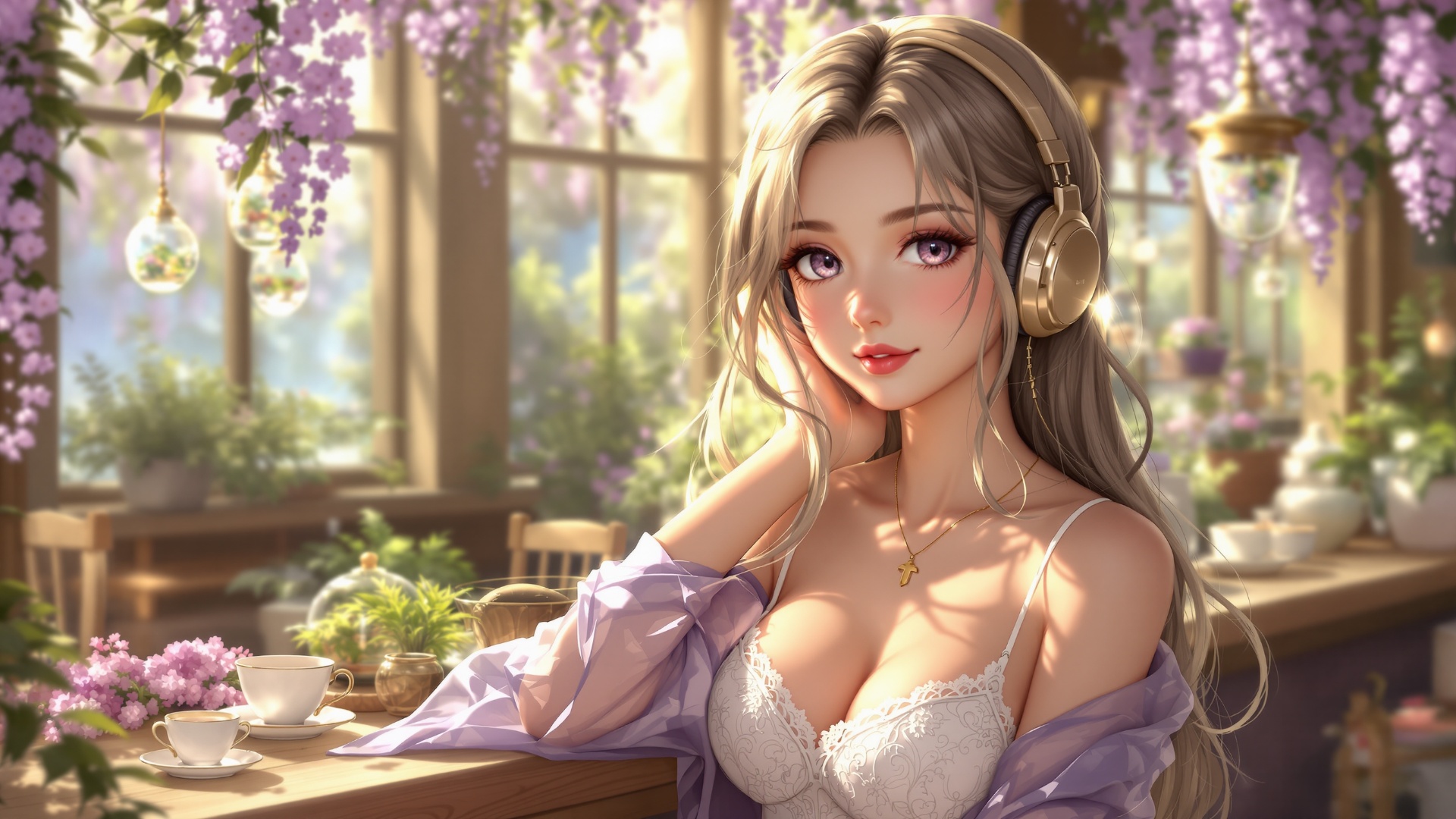 A fixed shot of a girl sitting completely still in one place, quietly listening to music. Her fac...