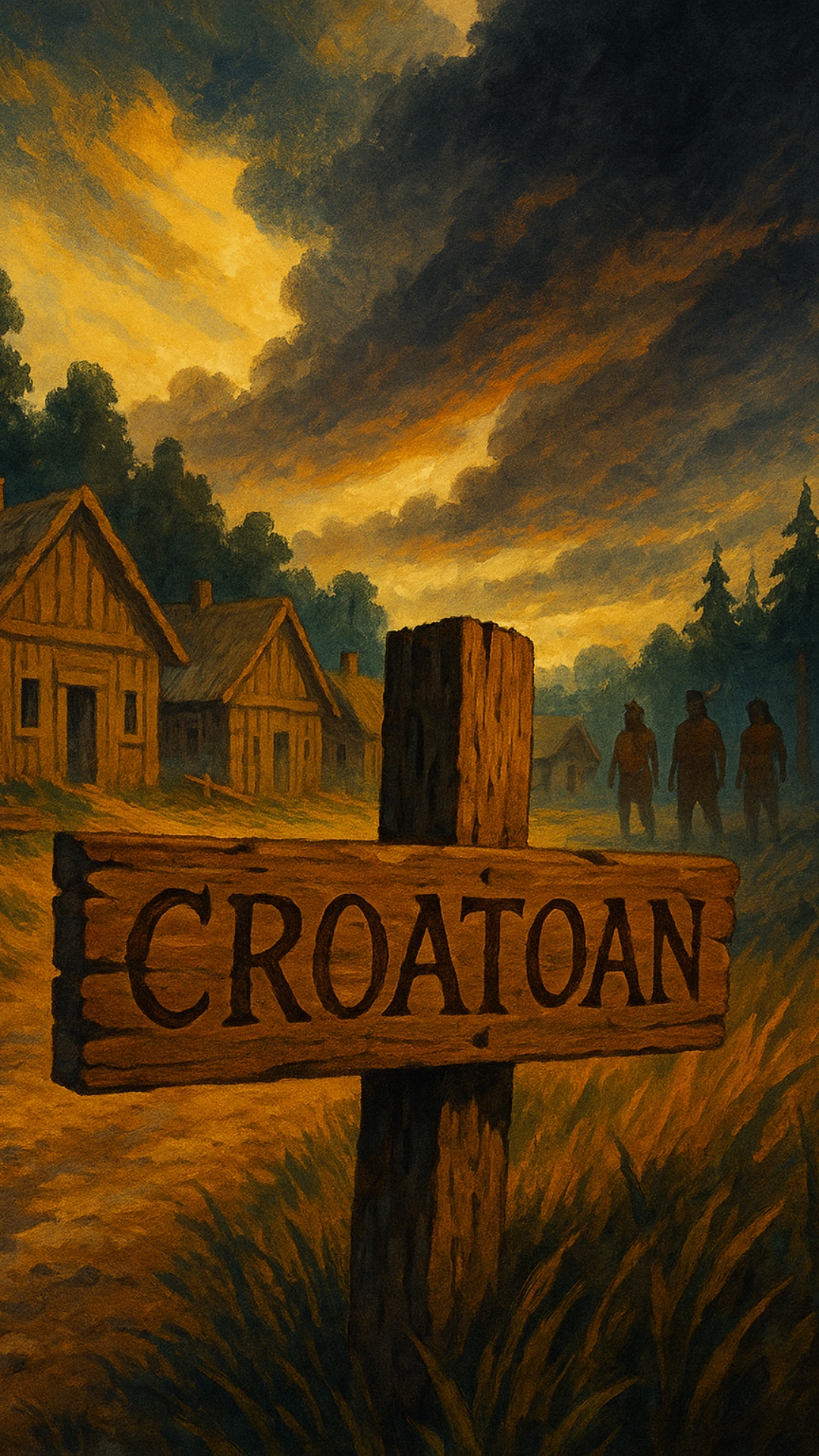 A cinematic storybook scene of the lost Croatoan colony: a weathered wooden post in the foregroun...