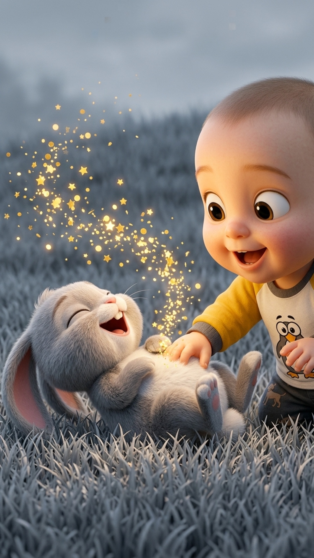 Art style: 3D Pixar.

Ваня весело щекочет зайчика за пушистым животиком. Зайчик закинул голову на...