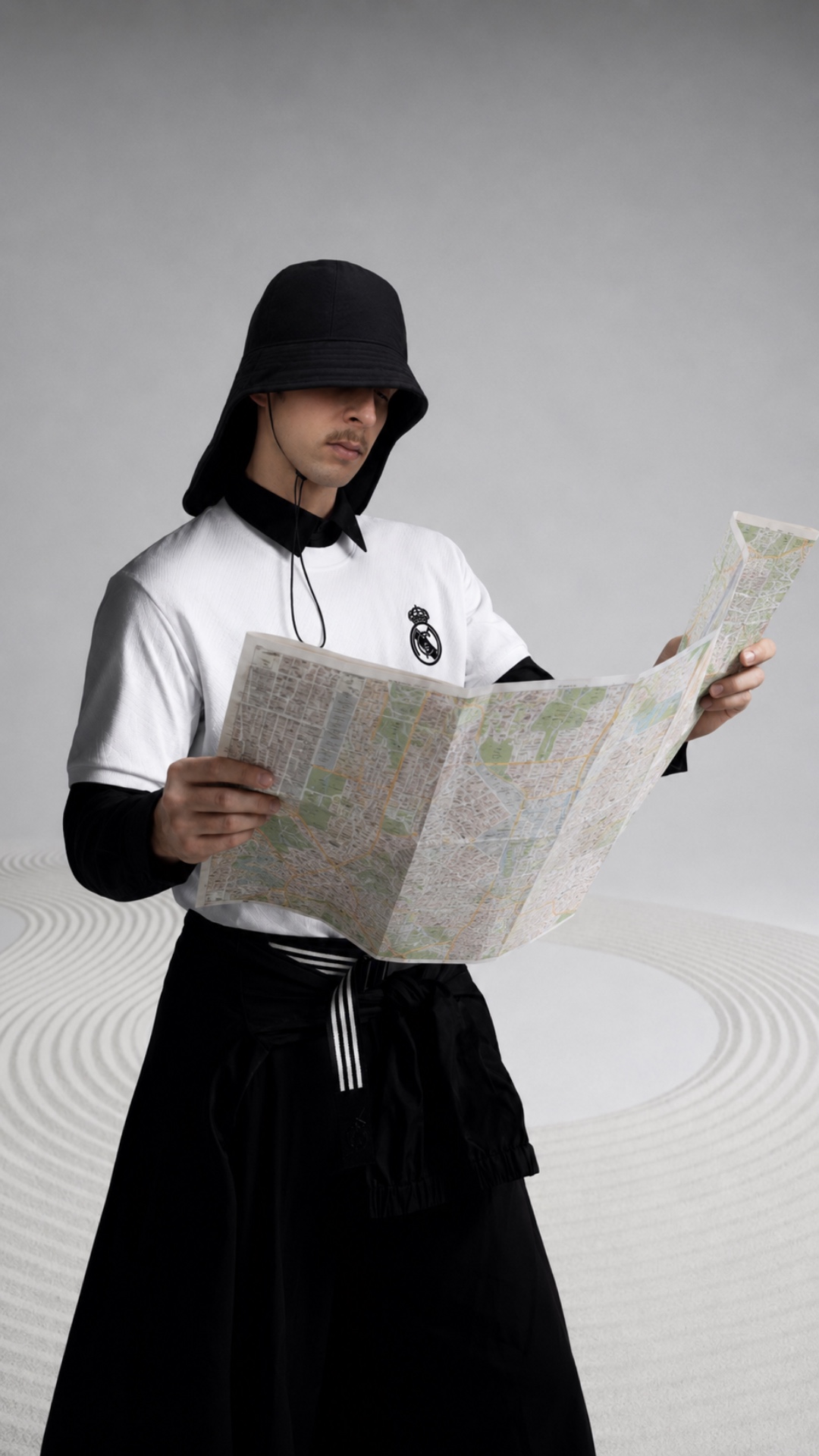 Same man from the reference image enters the frame holding a city map, stops in the center, pause...
