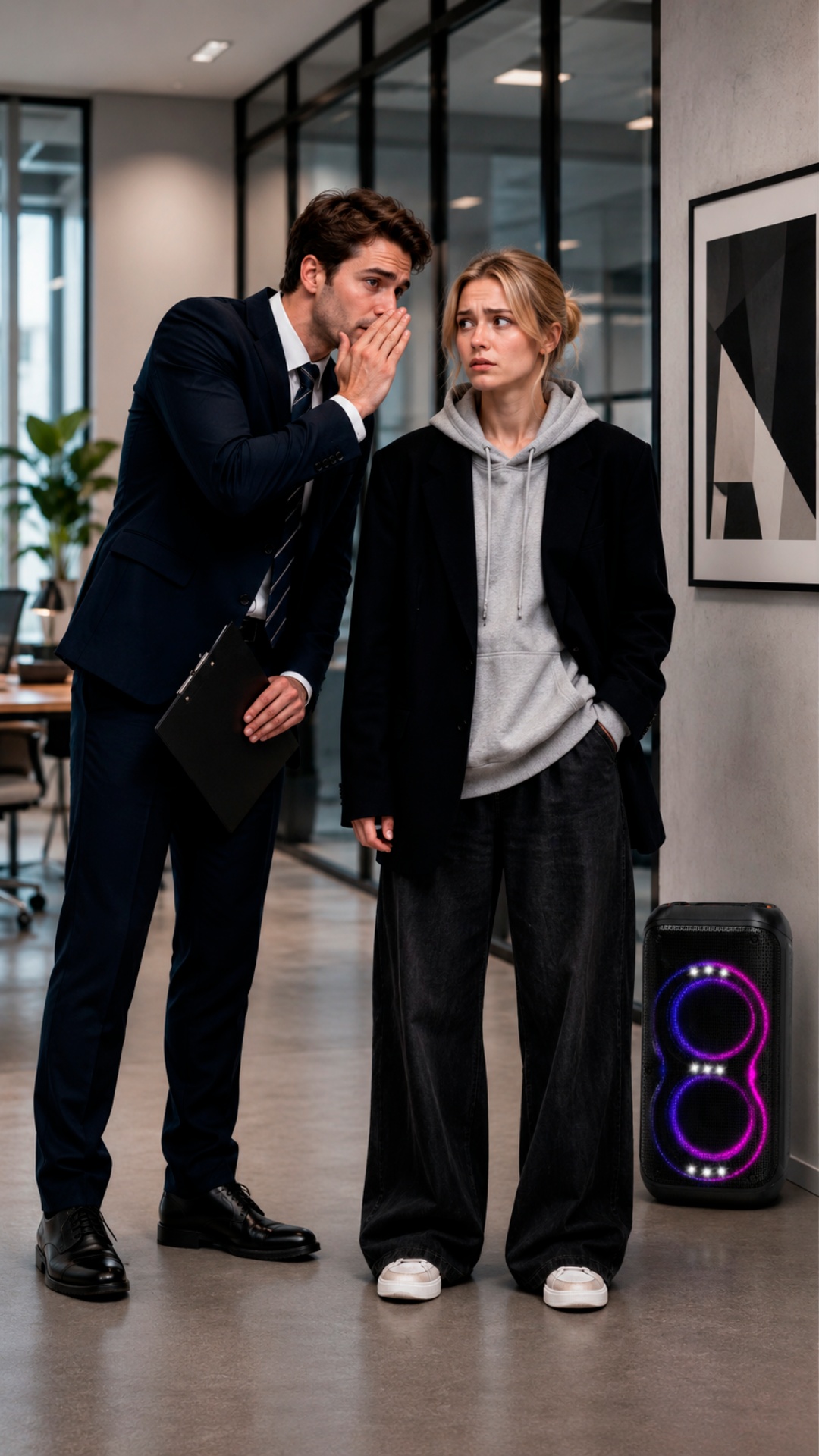 Two employees whisper nervously in office corridor beside small glowing speaker. RGB lights softl...