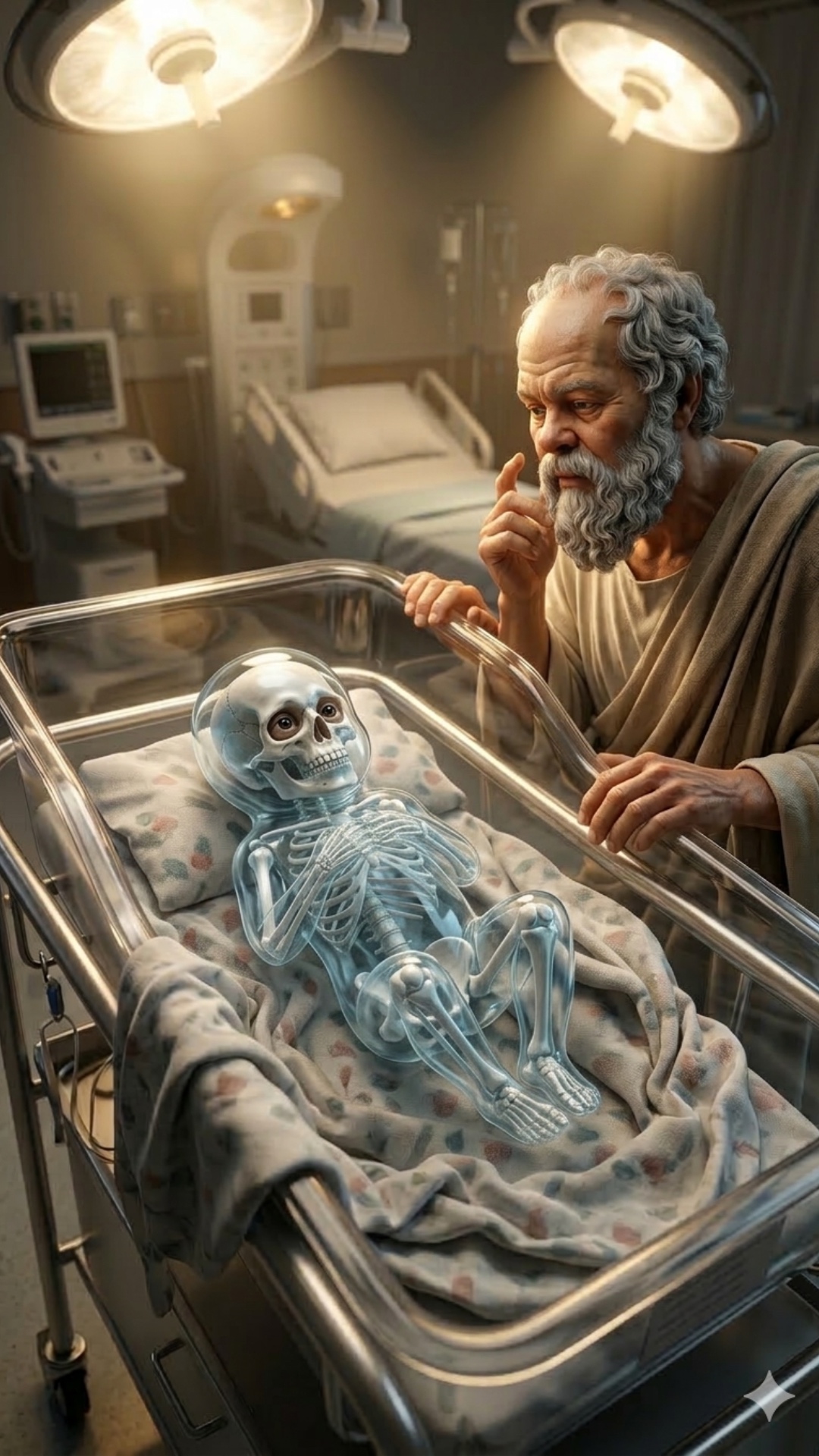 Cinematic hospital delivery room scene, ultra-realistic anatomical human skeleton inside a transp...