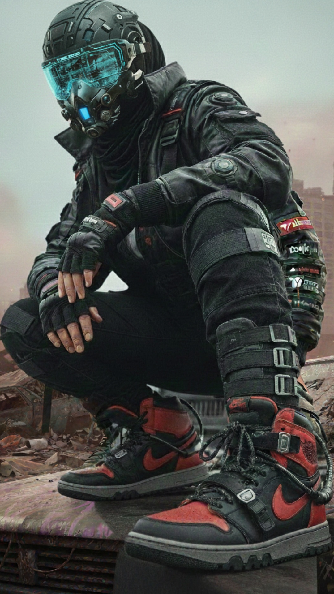 Cinematic cyberpunk movie shot based on the reference image.
The futuristic soldier moves slowly ...