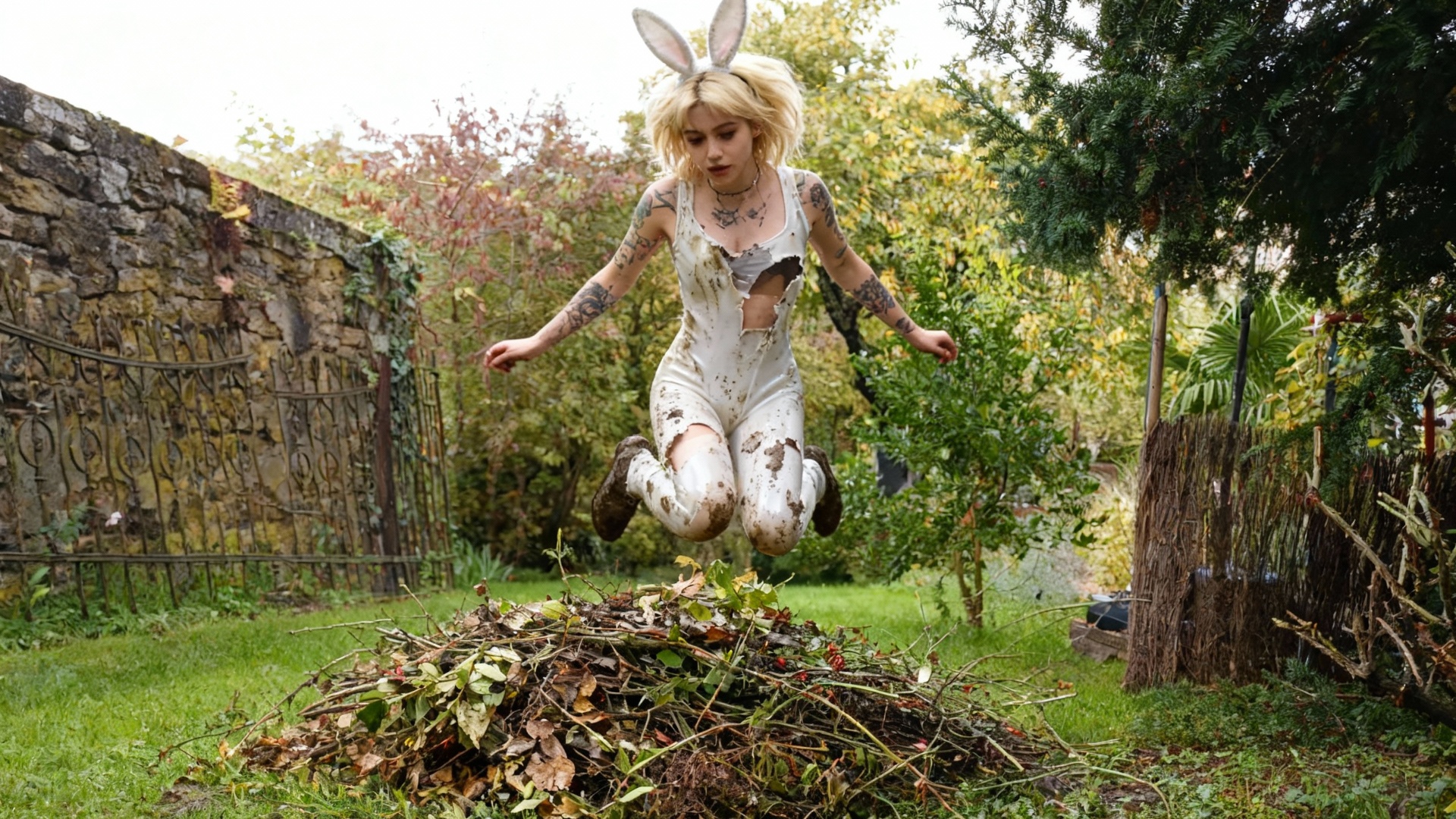La femme fait des bonds et des acrobaties par dessus le tas de feuilles.