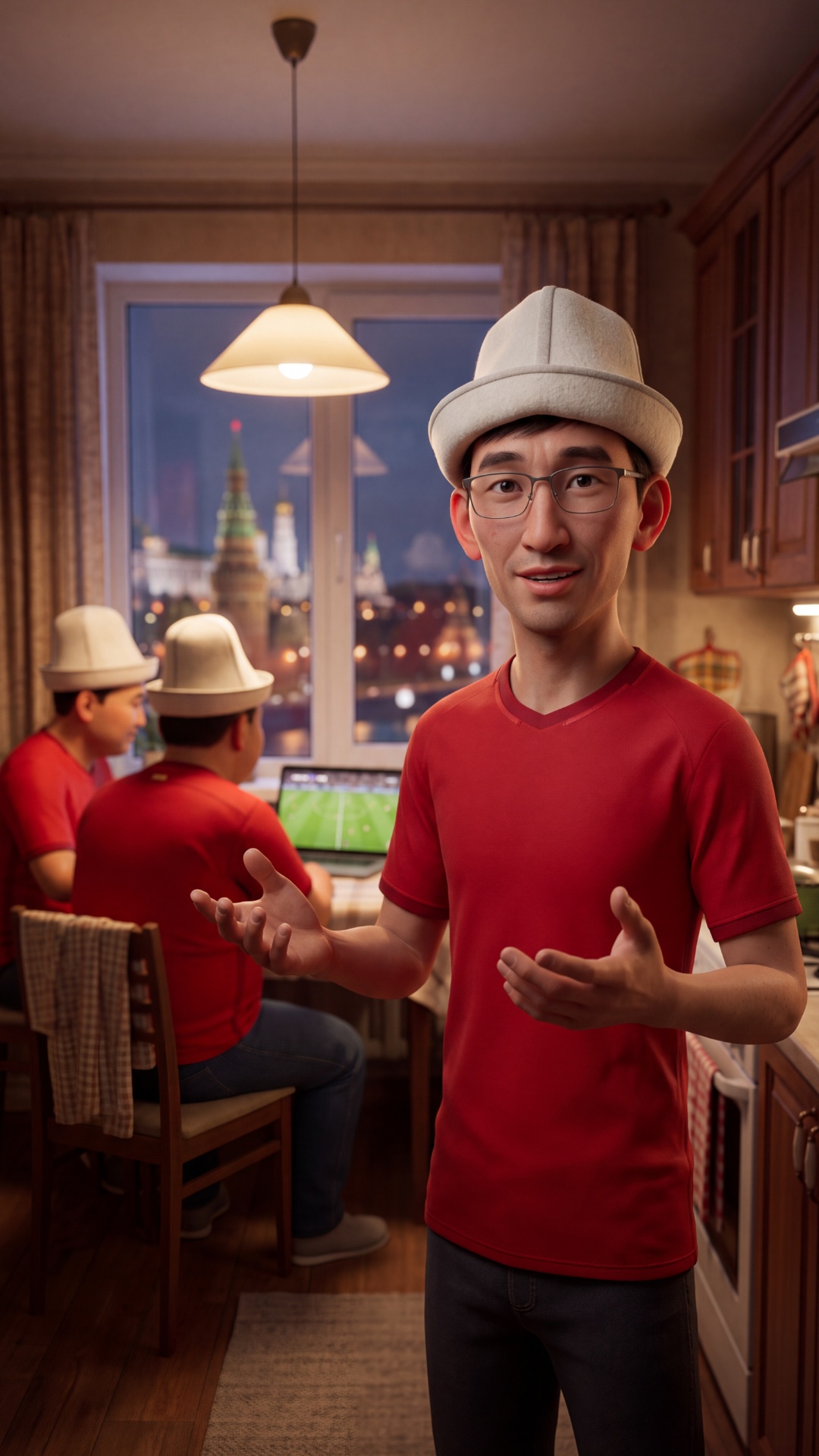 Image-to-video. Cozy Moscow kitchen, Kremlin through the window. Action: Tilek (slim, thin glasse...