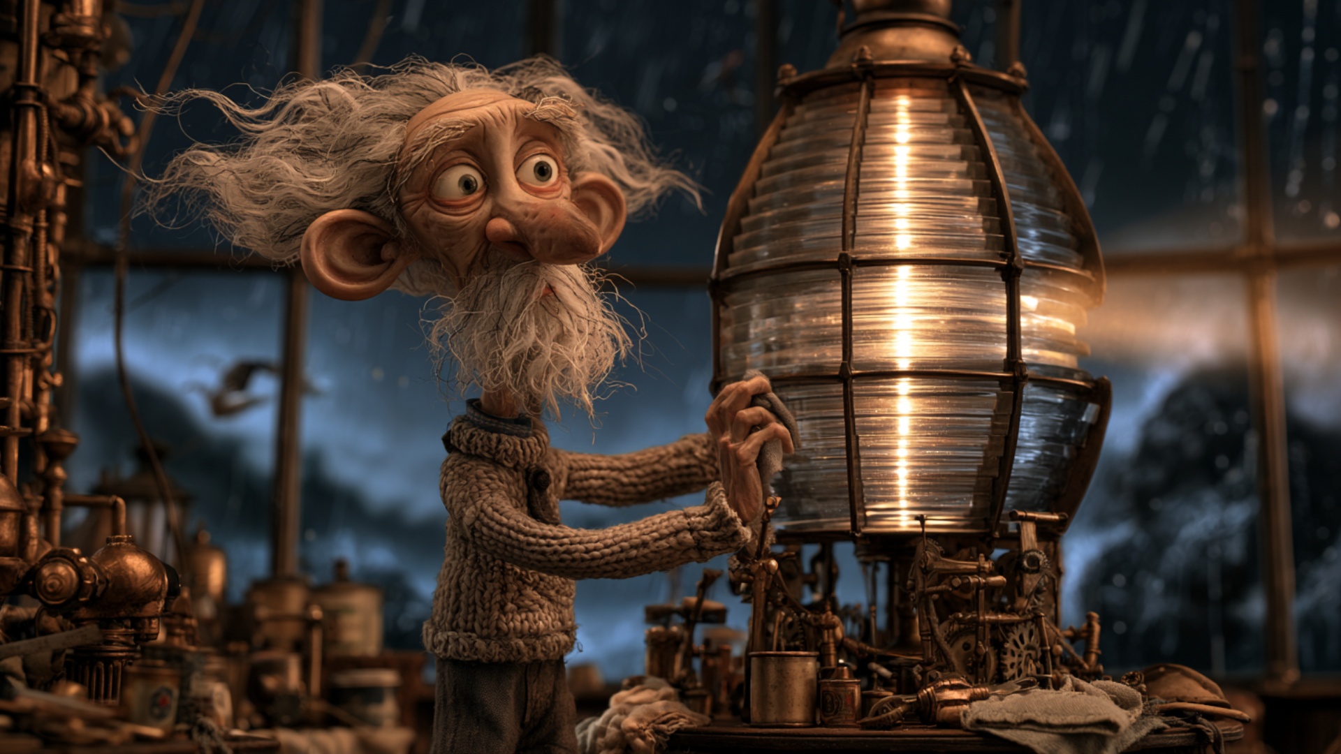 The elderly lighthouse keeper grips the mechanical handle beside the enormous Fresnel lens and tu...