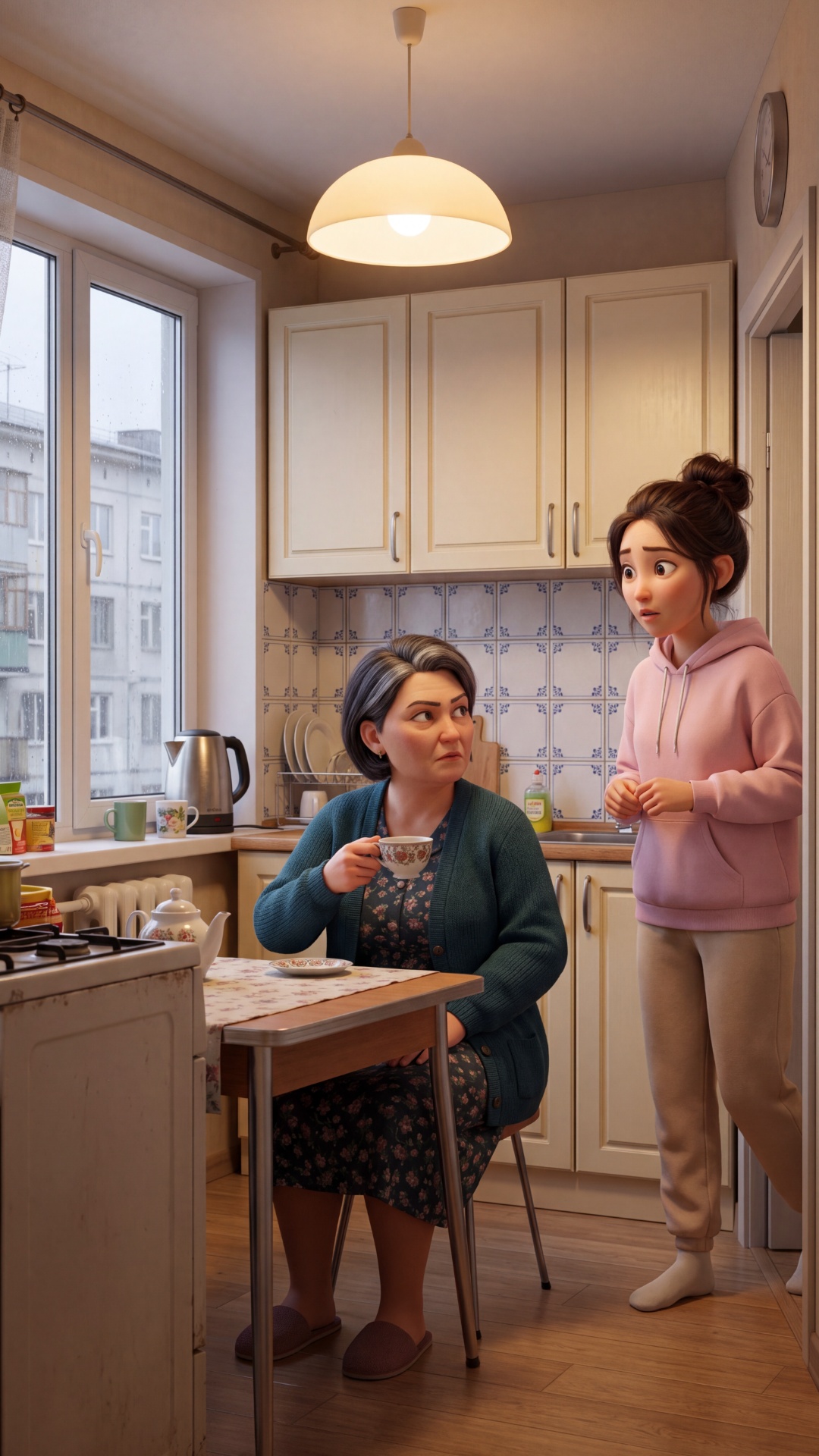 Pixar 3D animation style, cinematic 4K.
Moscow apartment kitchen, grey morning light.
Cream cabin...