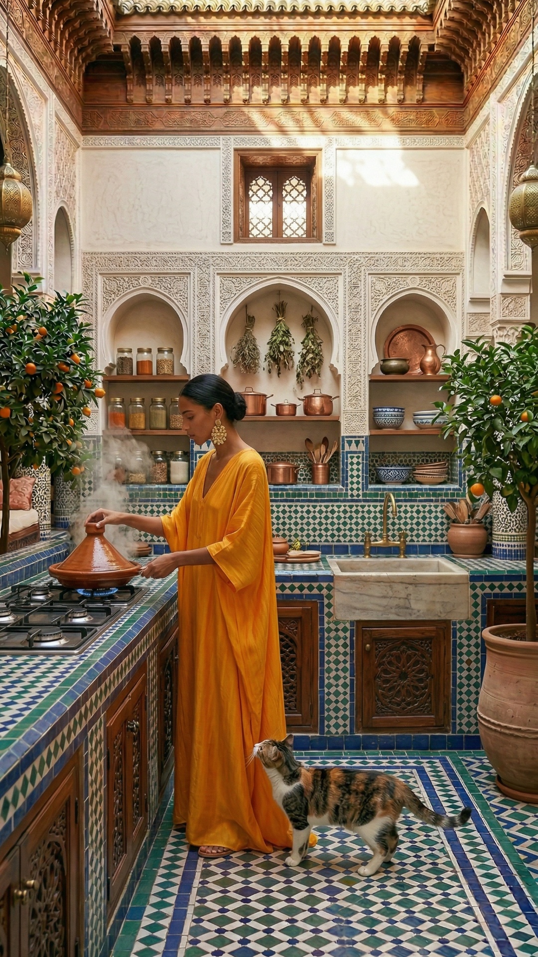 she cooks tagine in the kitchen