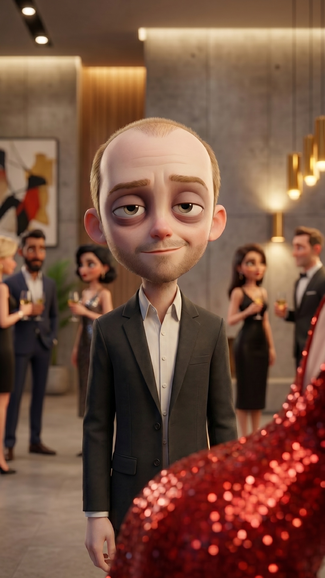 9:16 vertical video. Stylized 3D cartoon style. Locked static camera. Medium close-up looking dir...