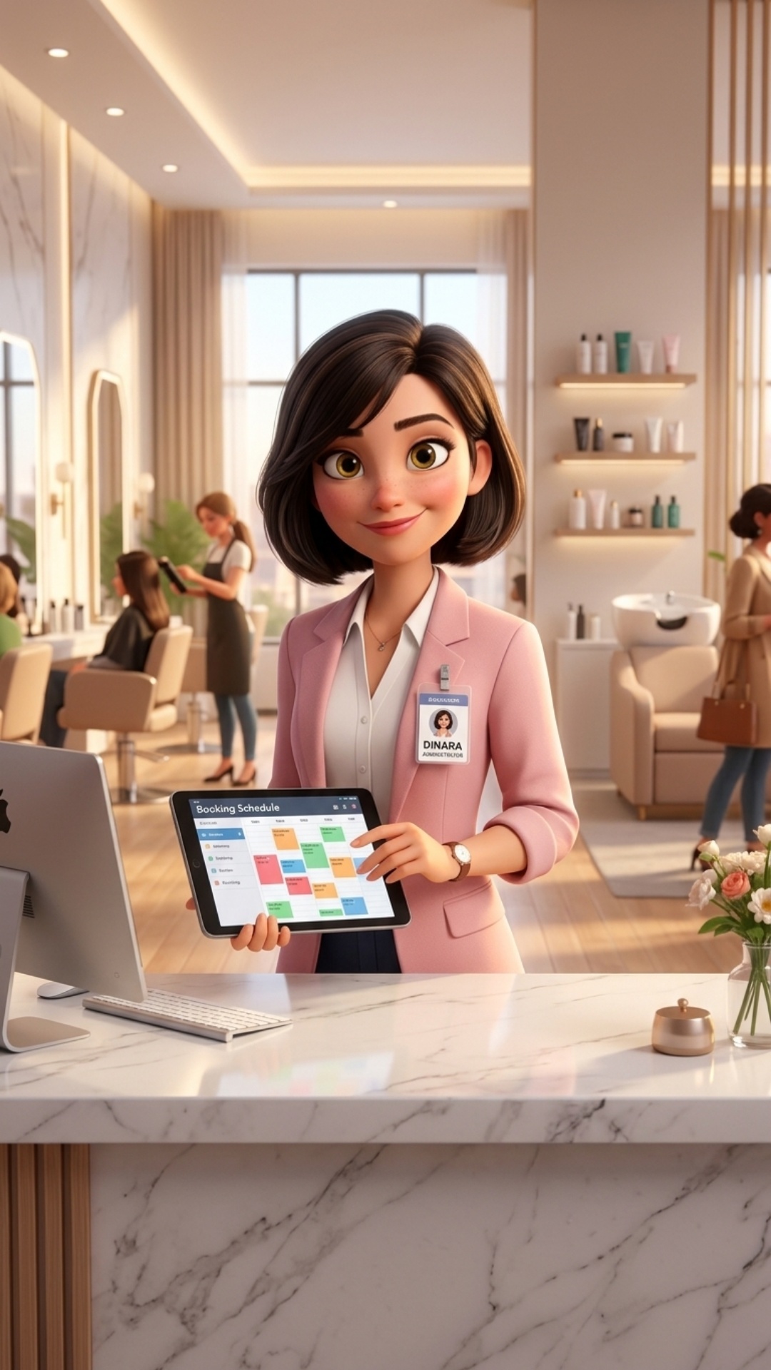 Strong rule: style --- 3D Pixar ---. Cinematic medium shot of Dinara, a sharp and stylish beauty ...