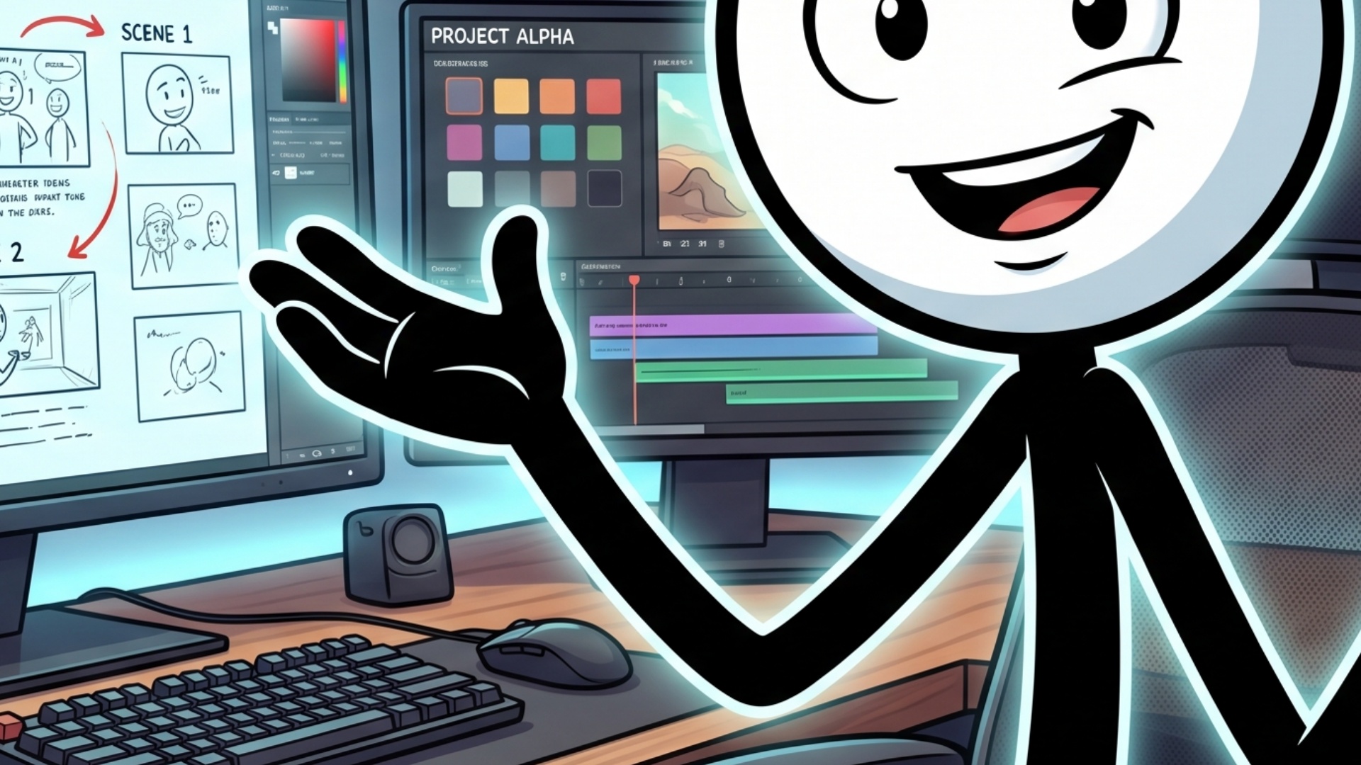 A 2D animated stickman sits at a desk and says: "In this video, I'll show you how to create simil...