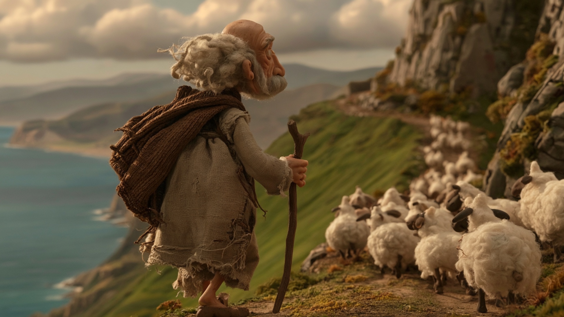 Gentle camera follow toward screen-right along the existing mountain path. The sheep already faci...