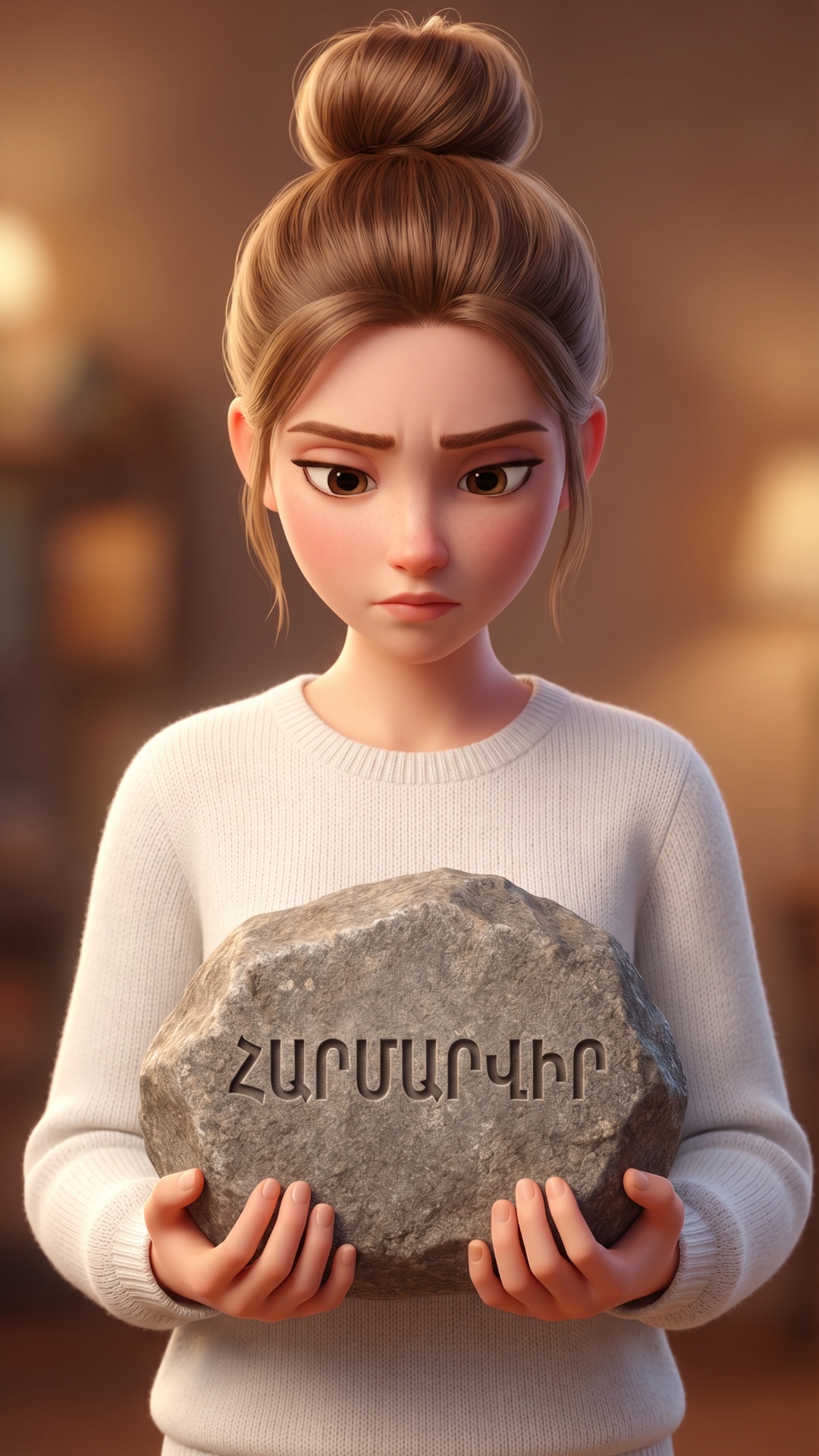 A breathtaking Pixar-style animation sequence. The young woman from the first image is holding th...