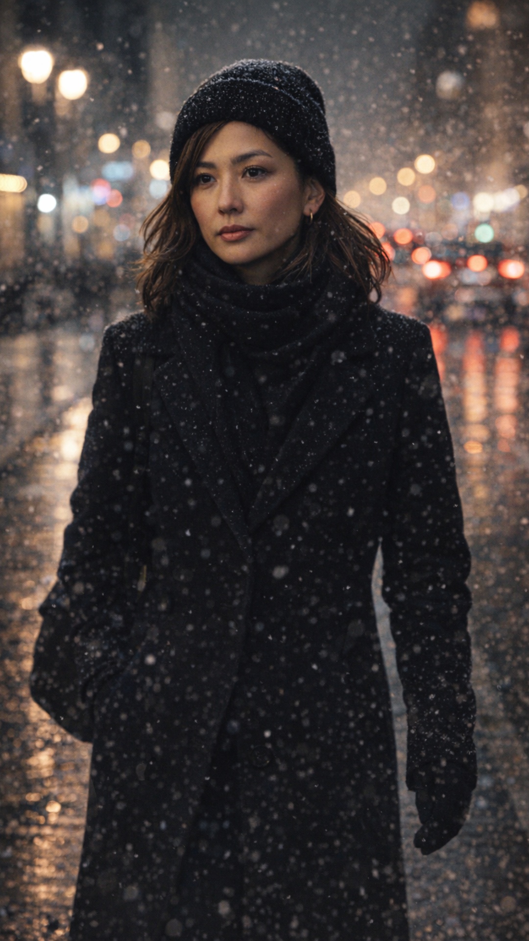 A realistic Kyrgyz woman walks briskly through a cold snowy Moscow evening street after work. Wea...