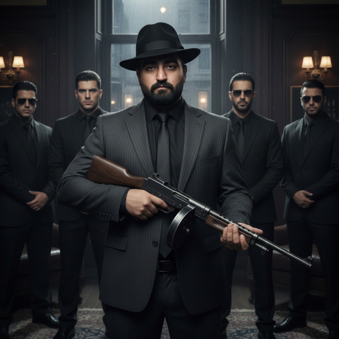 Create a ultra realistic photo in which the model is wearing mafia clothes, black coat, black shi...