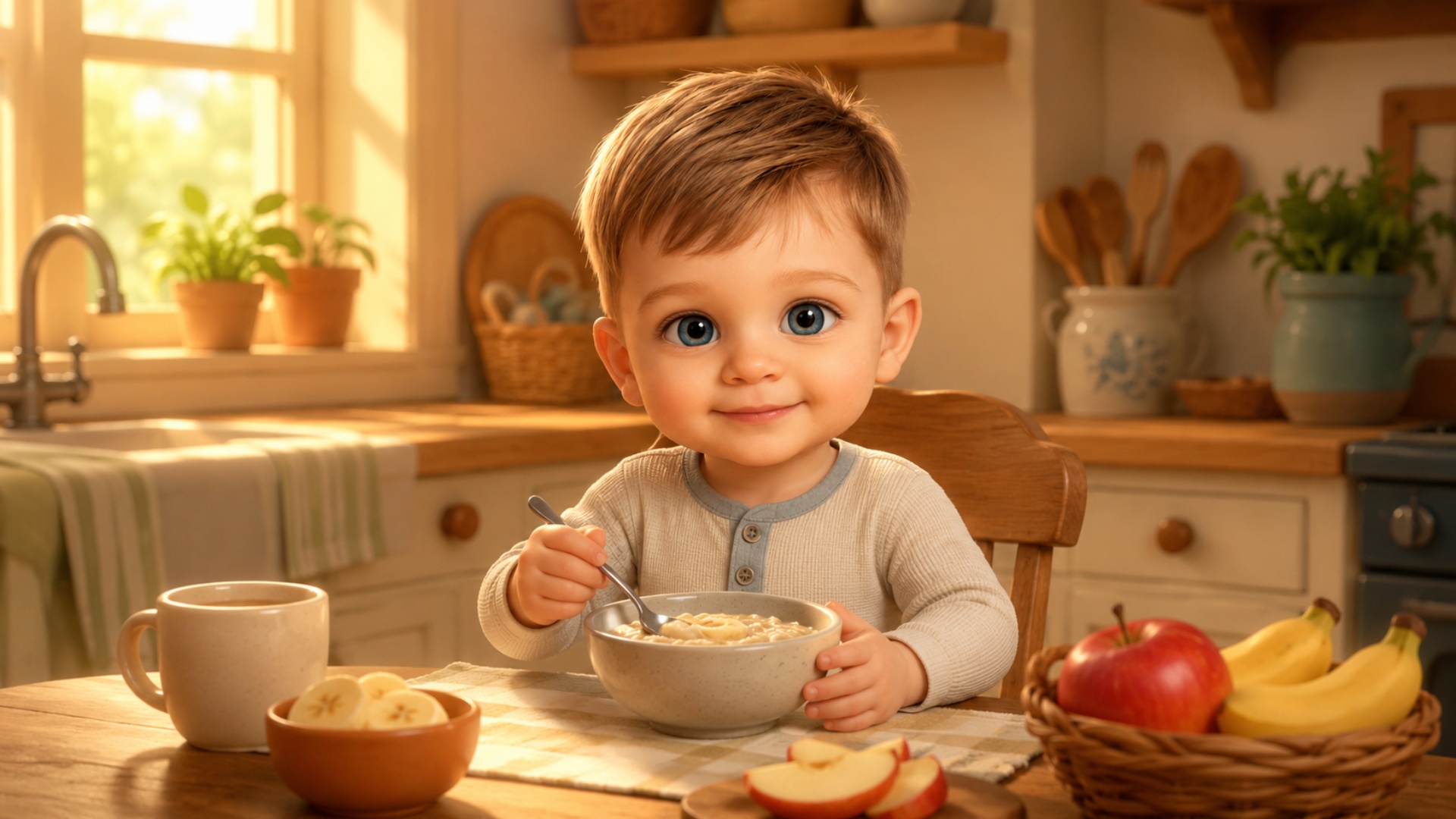 Animate the sunny kitchen establishing shot. Camera slowly pushes in toward Dema at the breakfast...