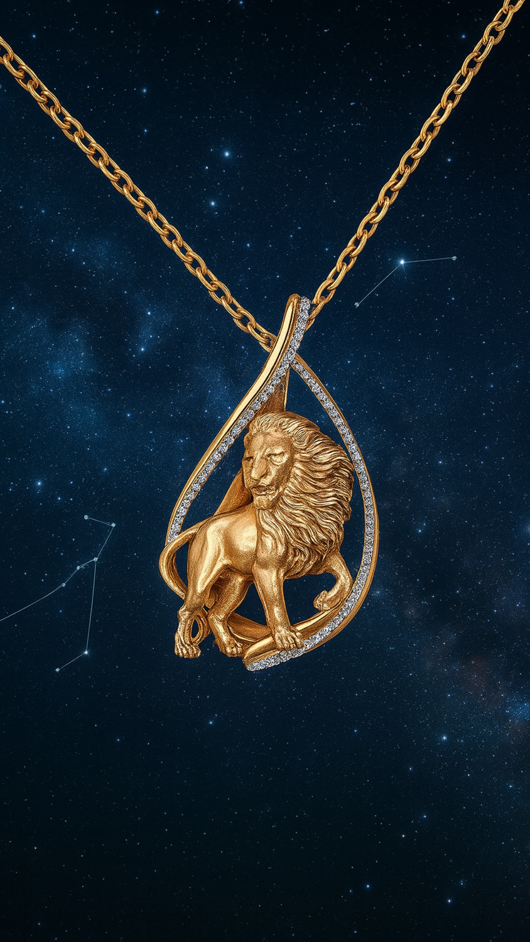A majestic lion-shaped gold pendant floats in the center of the frame, suspended in zero gravity....