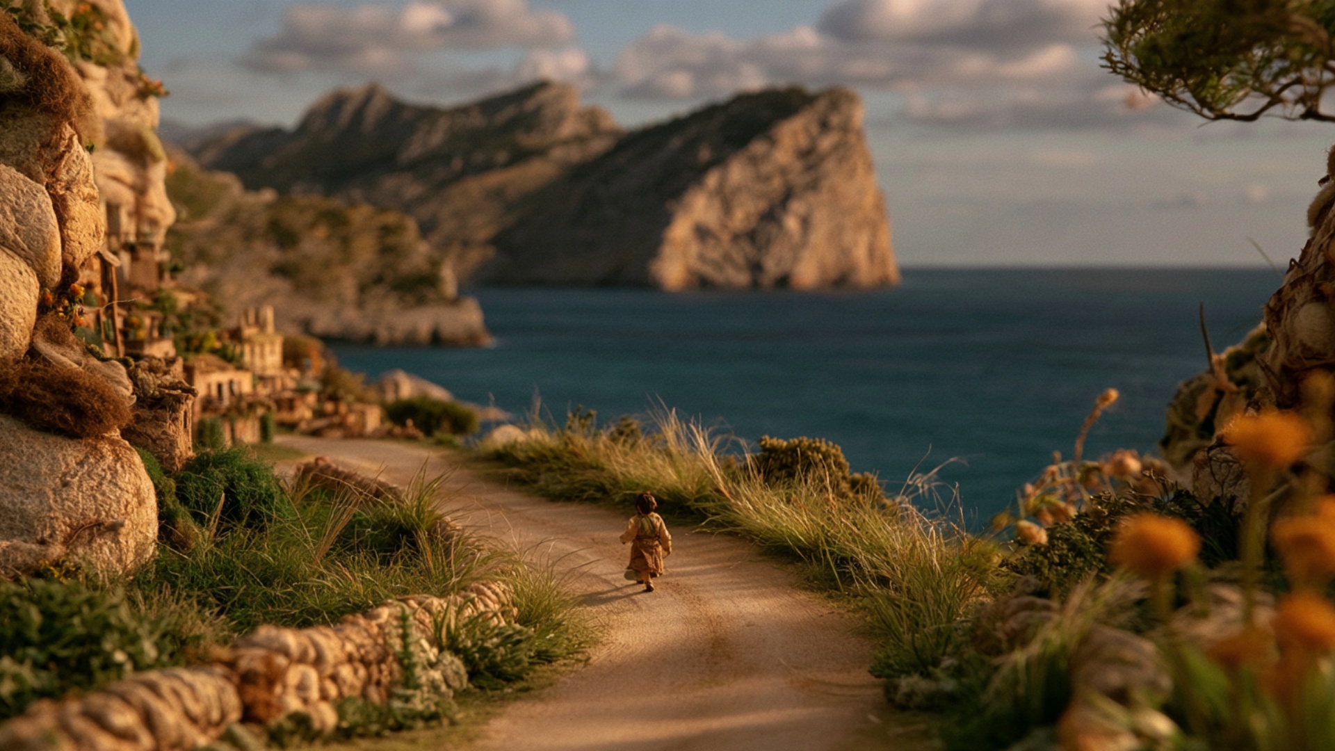 Gentle camera follow from behind. The small figure continues away from the camera along the cente...