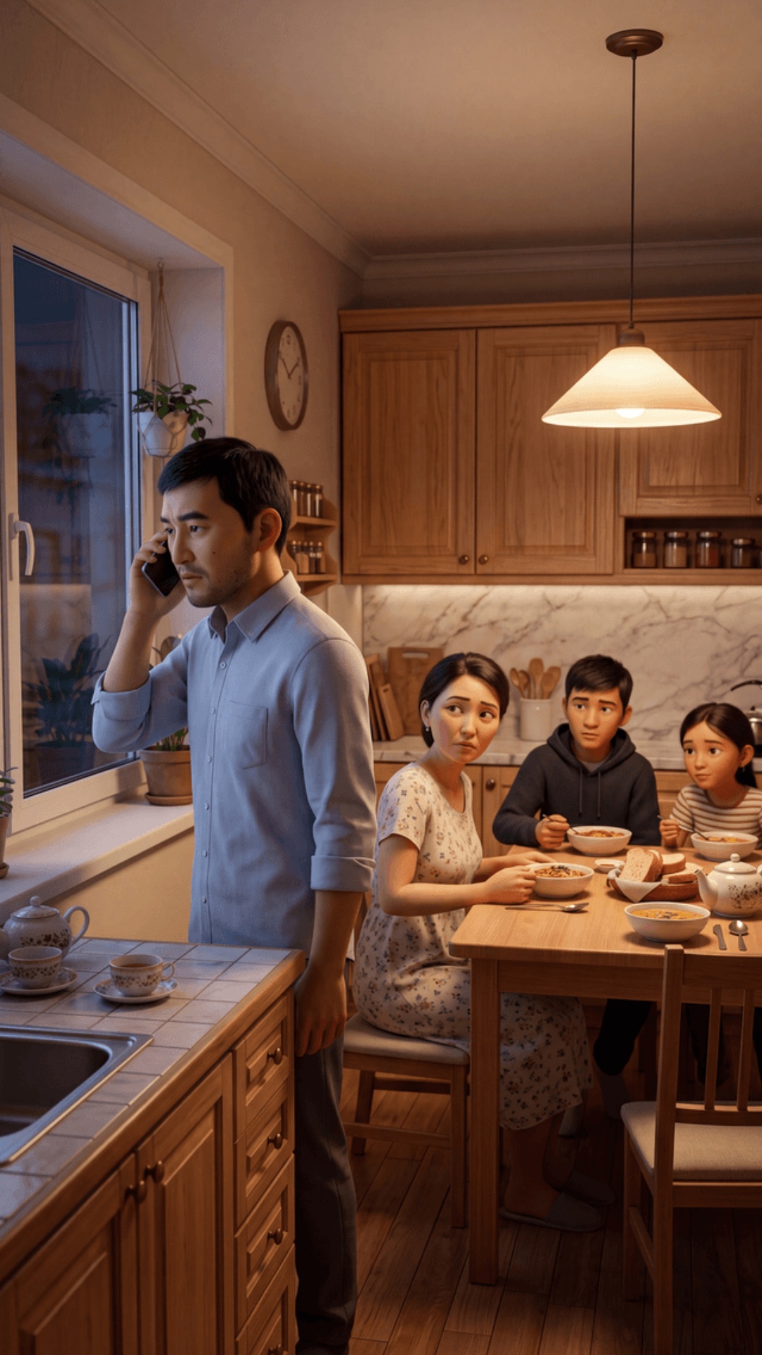 3D animated cartoon family kitchen, stylized, warm cozy lighting, same kitchen, side angle.

Each...