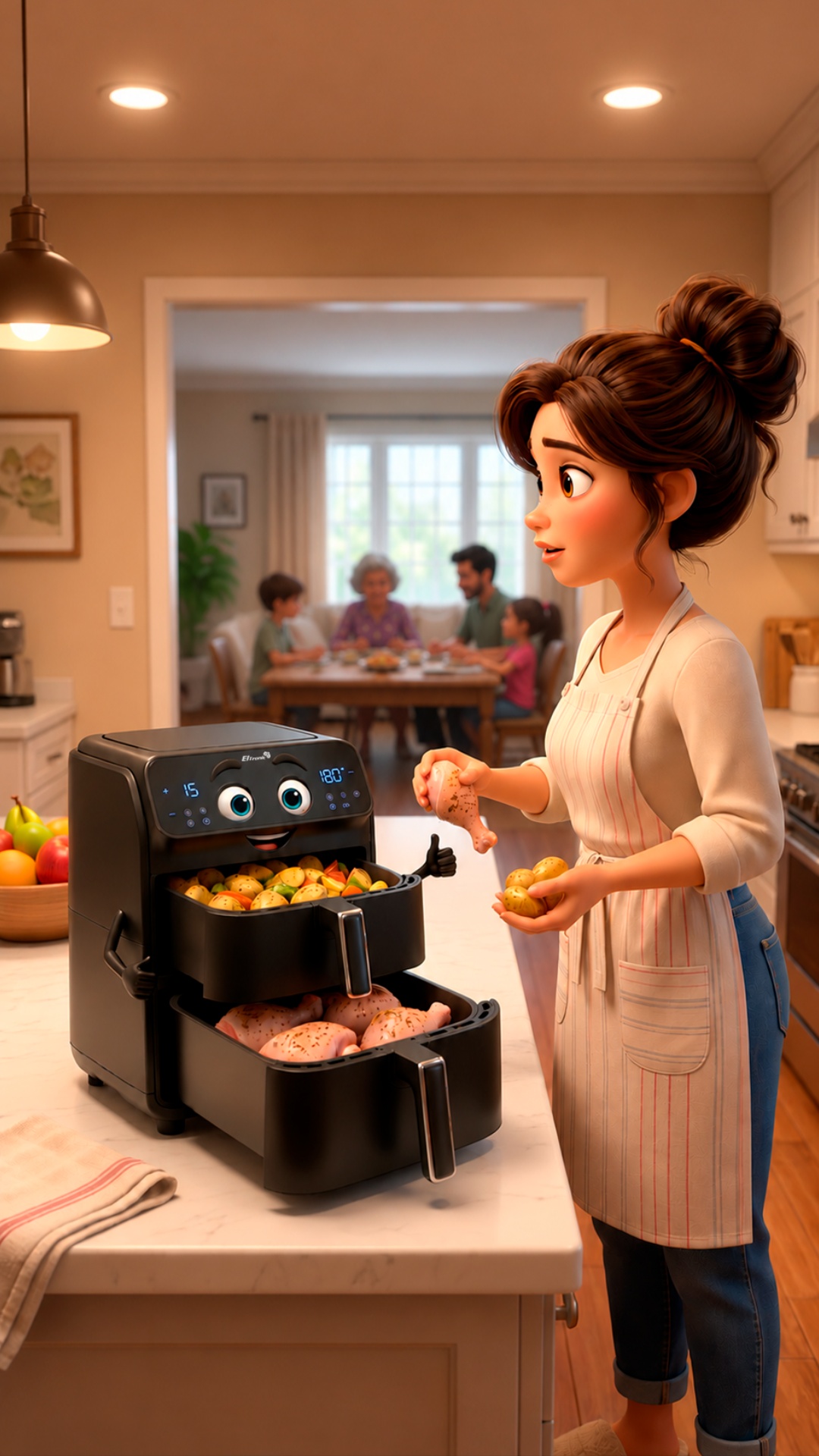 Mother stands in the kitchen, hears the question from the doorway and nervously laughs. She smile...