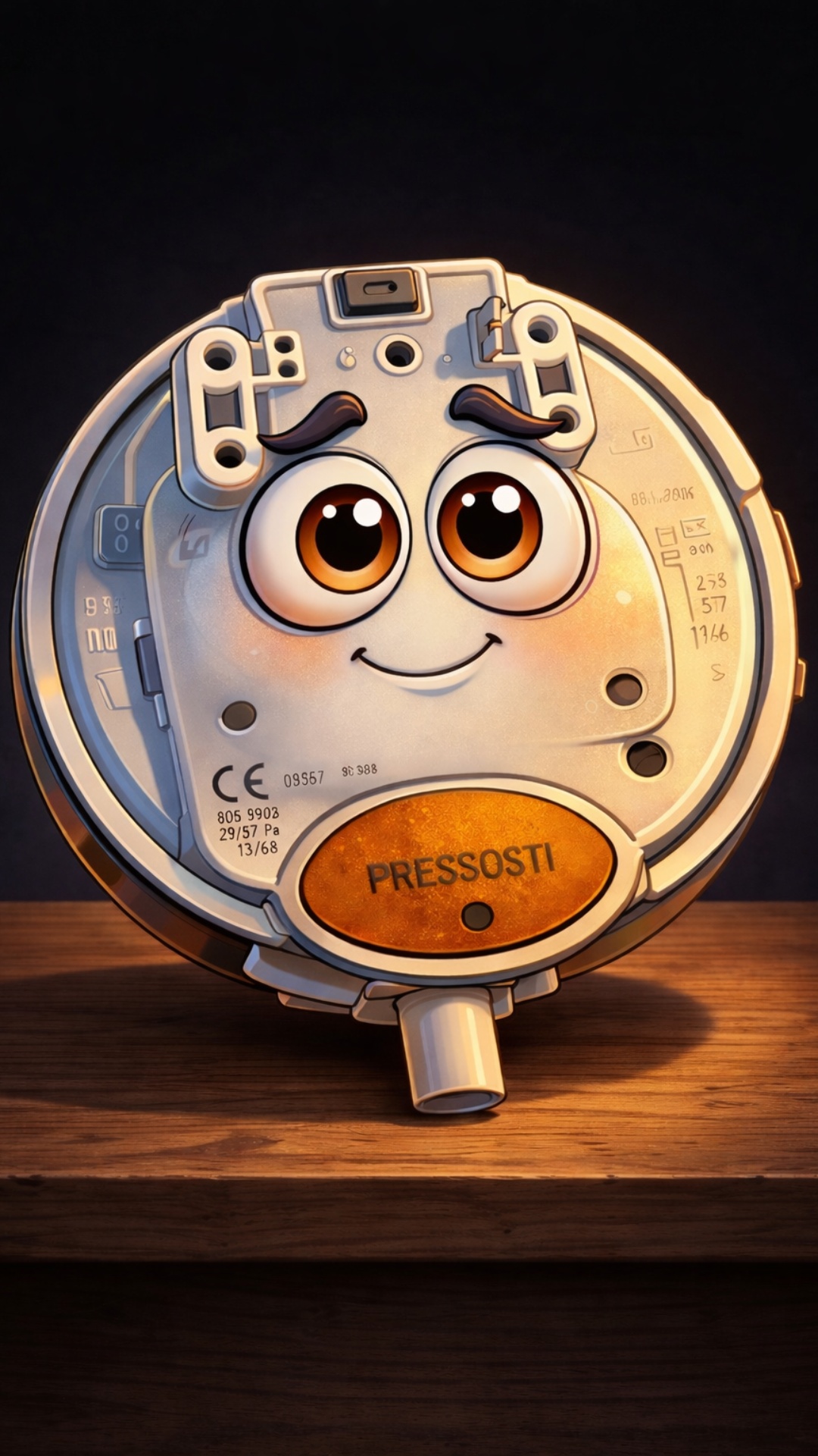 A cartoon-style anthropomorphic mechanical component (pressure switch) placed on a wooden table w...