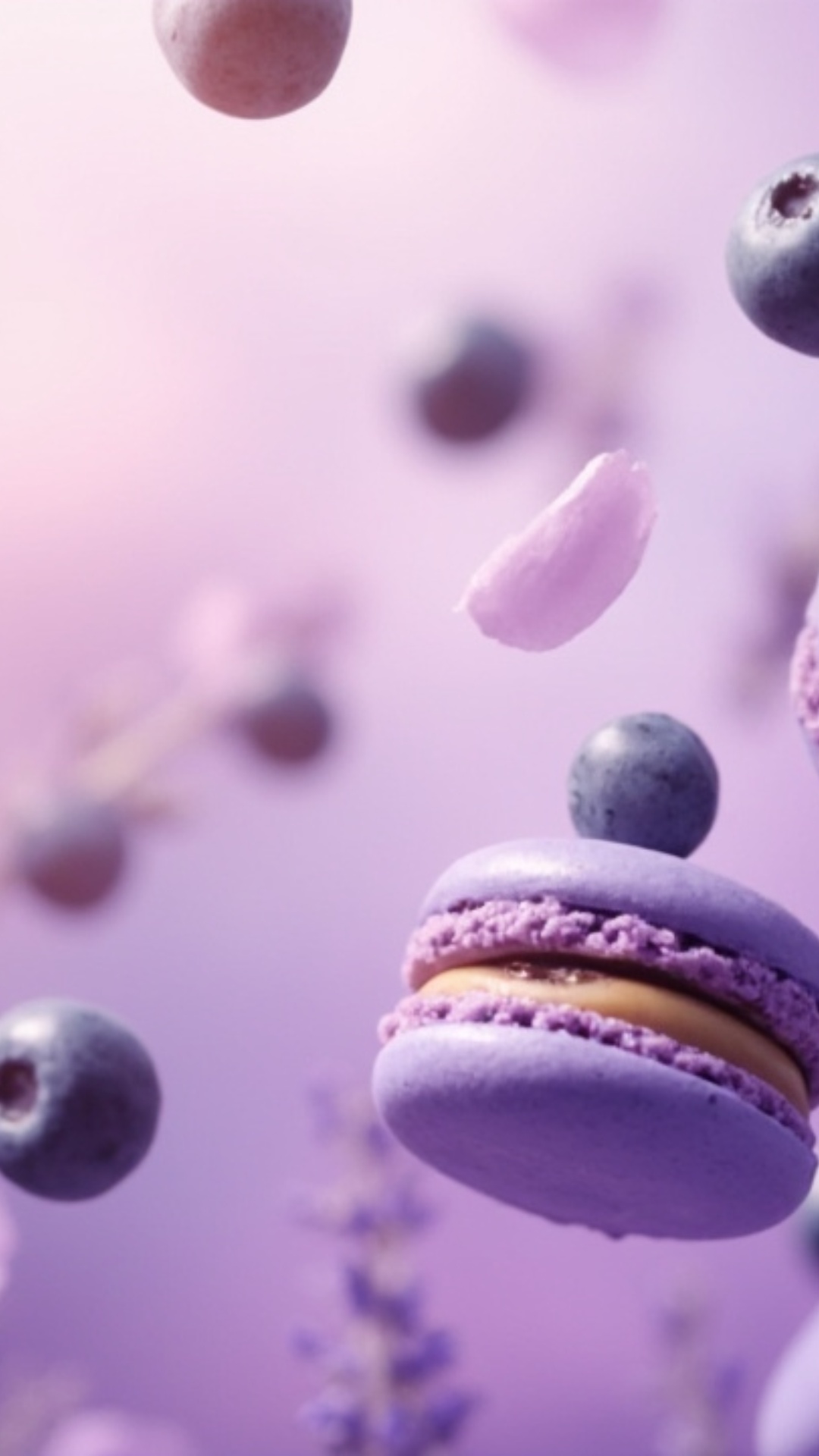 A dreamy slow-motion scene of blueberry-themed French macarons gently floating in mid-air, surrou...